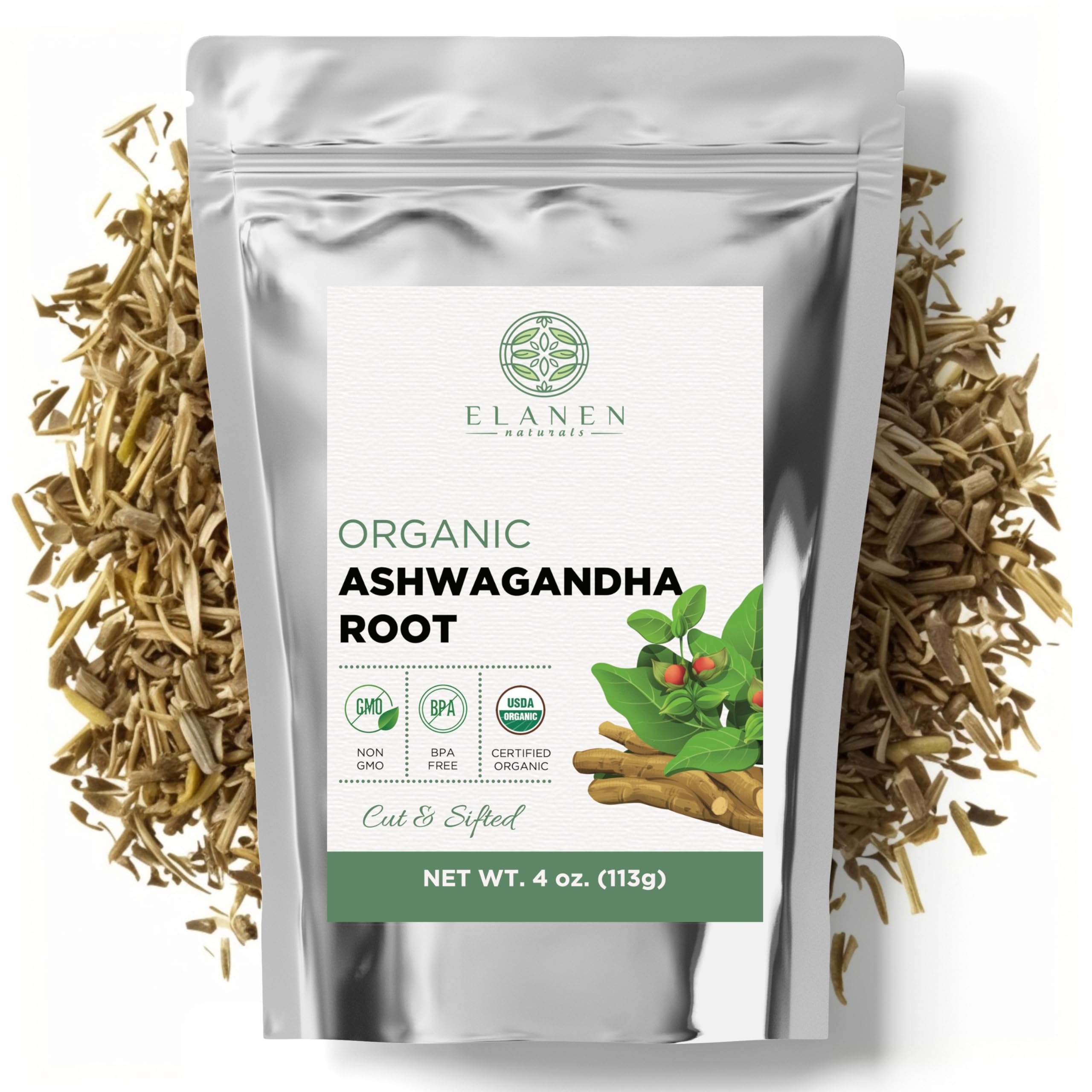 Elanen Naturals Organic Ashwagandha Root 4 oz. (113g), USDA Certified Organic Ashwagandha Root Loose Leaf Tea, Dried Withania somnifera, Cut & Sifted Elanen Naturals uk supplements