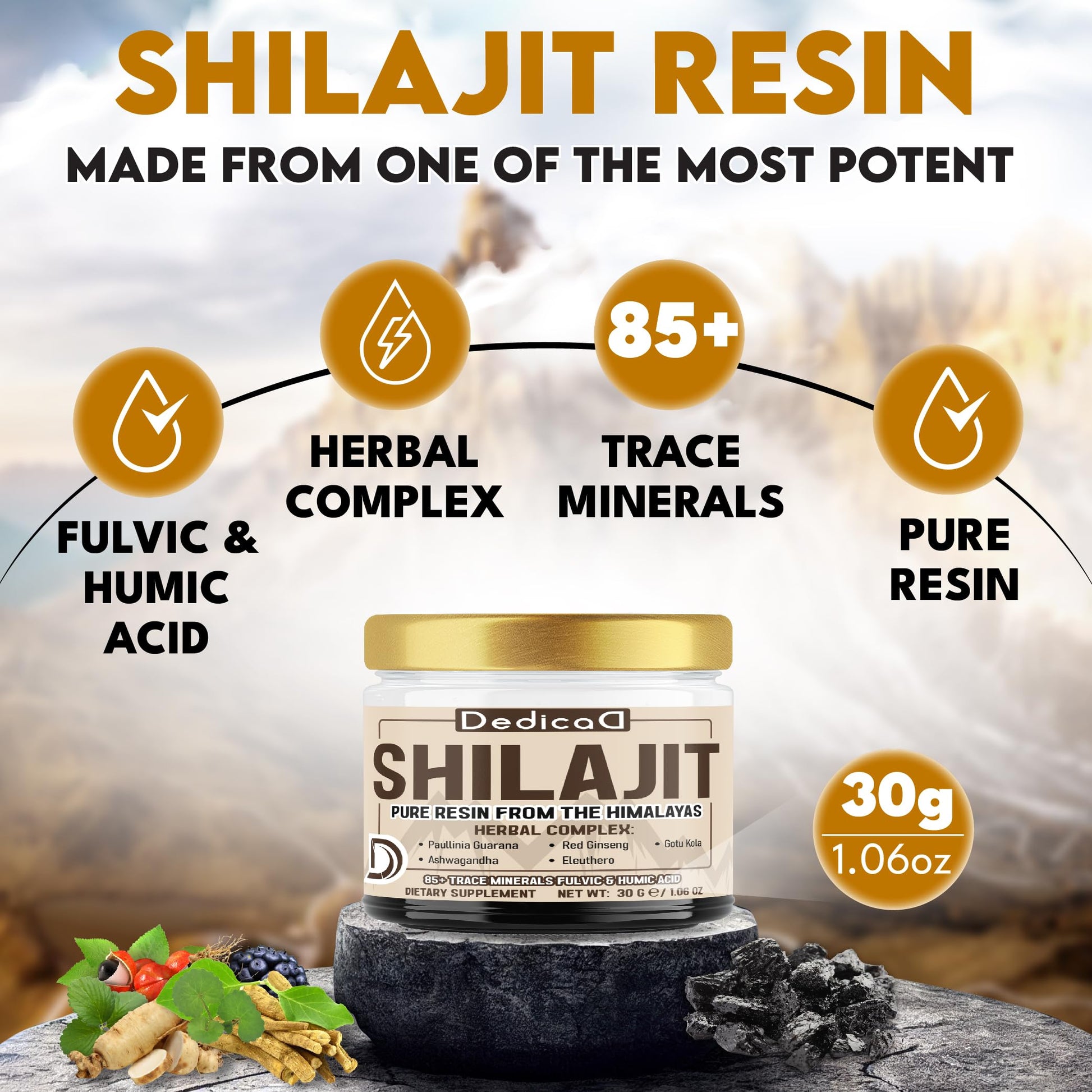 DEDICAD 30g Shilajit Resin with Herbal Complex - Paullinia Guarana, Gotu Kola Leaf & More - Shilajit Pure Himalayan Organic for Immune System, Energy Production, Brain Health & Stamina DEDICAD uk supplements