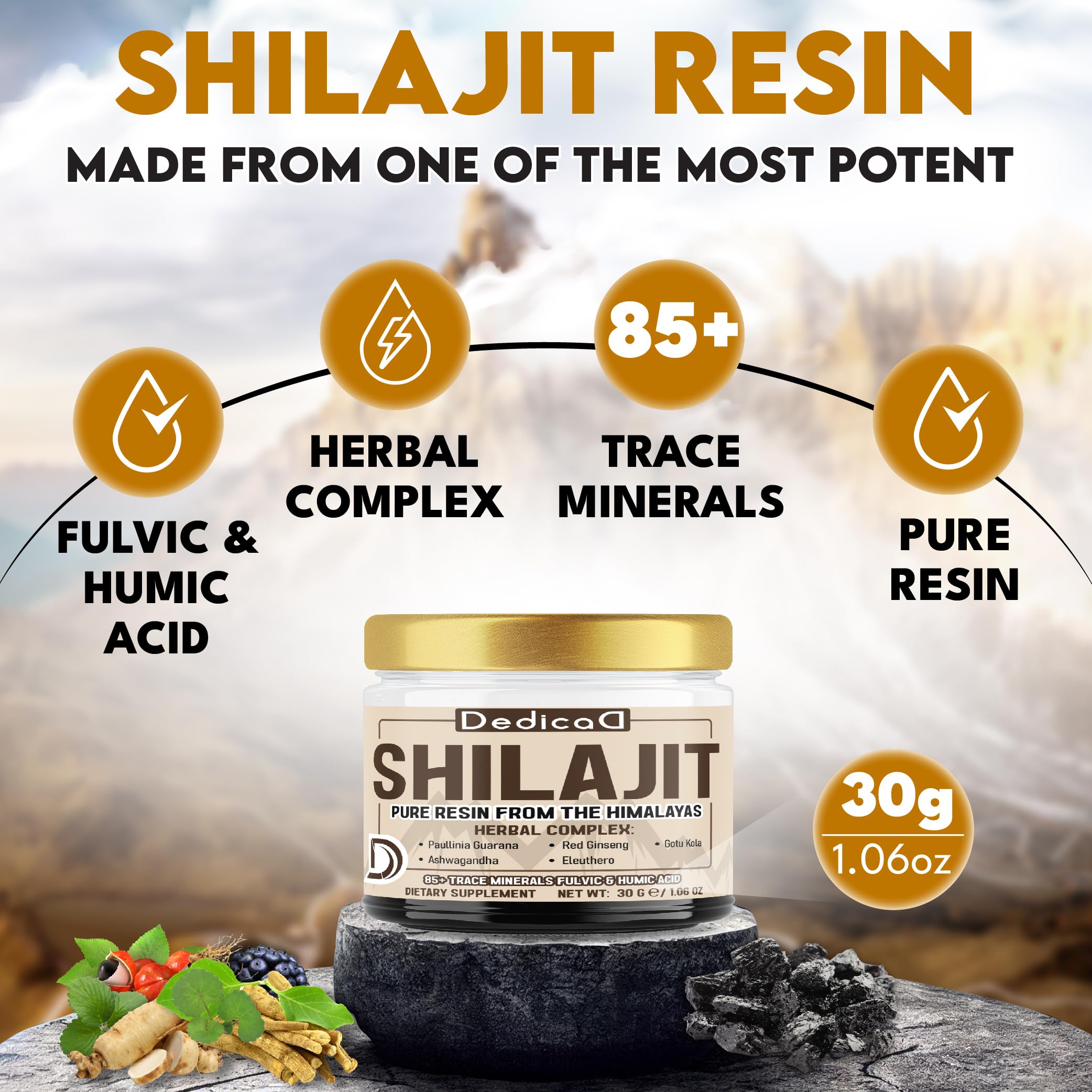 DEDICAD 30g Shilajit Resin with Herbal Complex - Paullinia Guarana, Gotu Kola Leaf & More - Shilajit Pure Himalayan Organic for Immune System, Energy Production, Brain Health & Stamina DEDICAD uk supplements