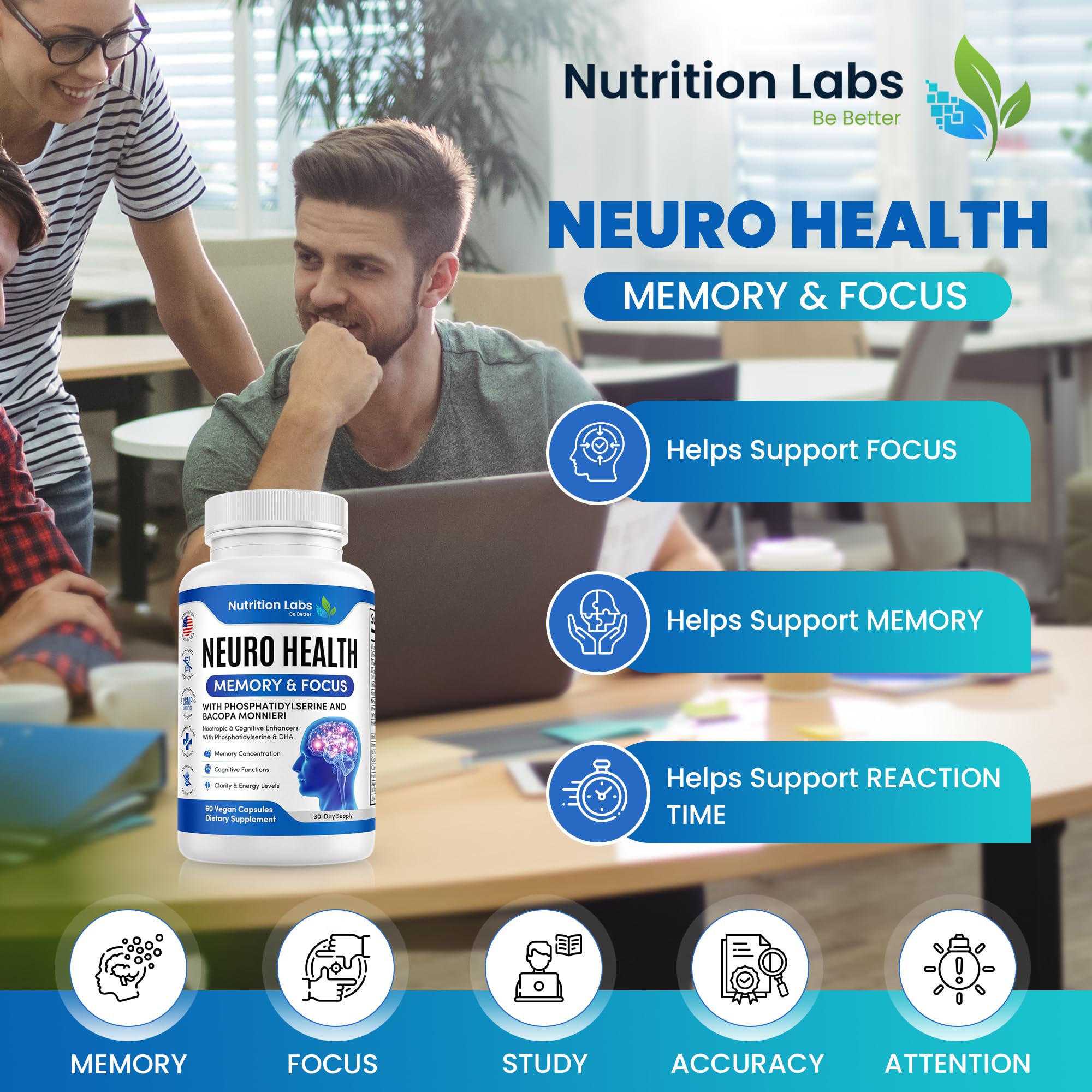 Nootropic & Neuro Brain Supplement for Memory & Focus Support. Clinically Tested Vitamins for Mental Support & Cognitive Clarity W/Bacopa Monnieri, VIT A, B6, Riboflavin, Niacin, Thiamin & Folate NUTRITION LABS BE BETTER uk supplements