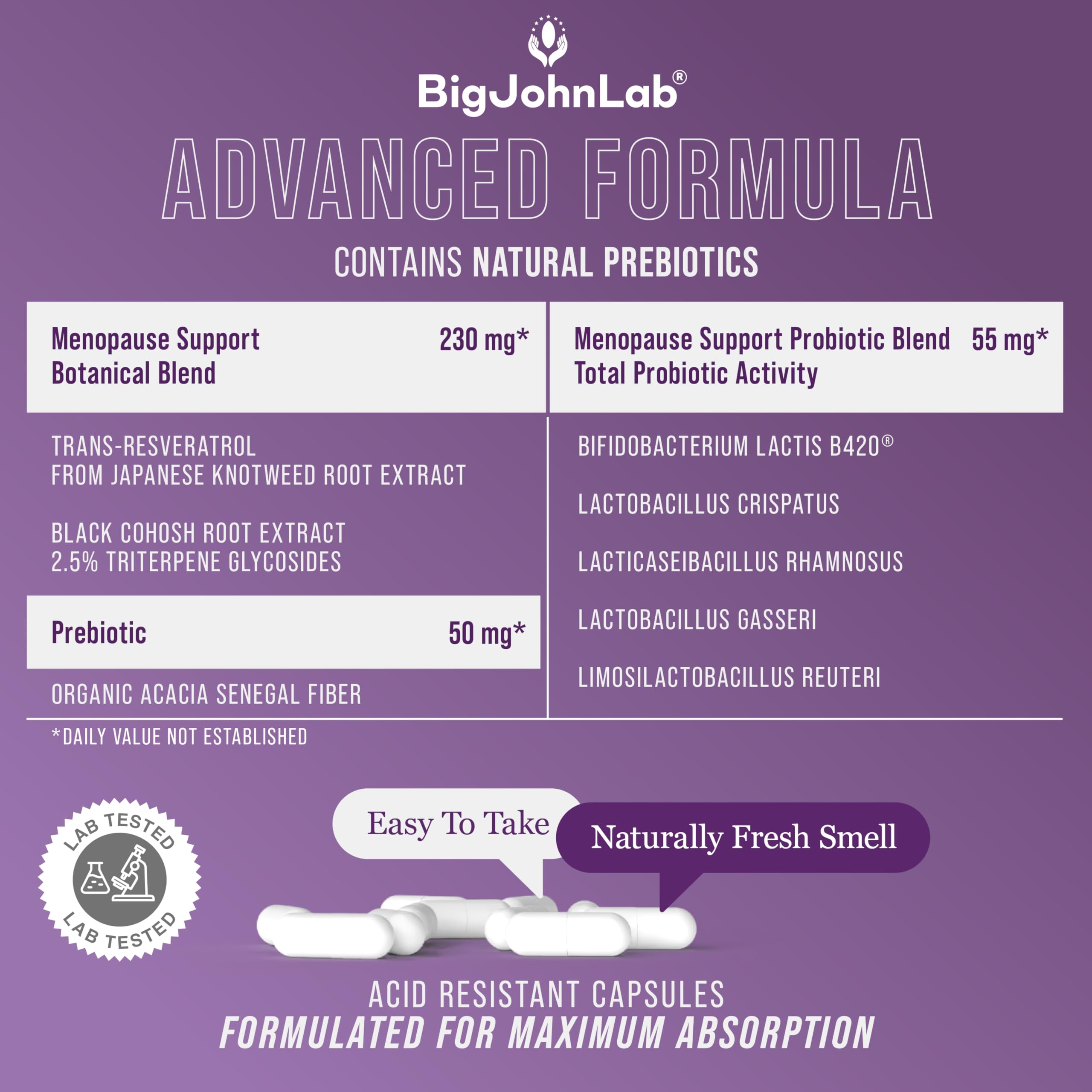 BIGJOHNLAB® - Menopause Total Support – Advanced Probiotic Formula with 5 Strains & 15 Billion CFU, Resveratrol, Black Cohosh, Acacia Fiber, Non-GMO & 100% Vegetarian BIGJOHNLAB uk supplements