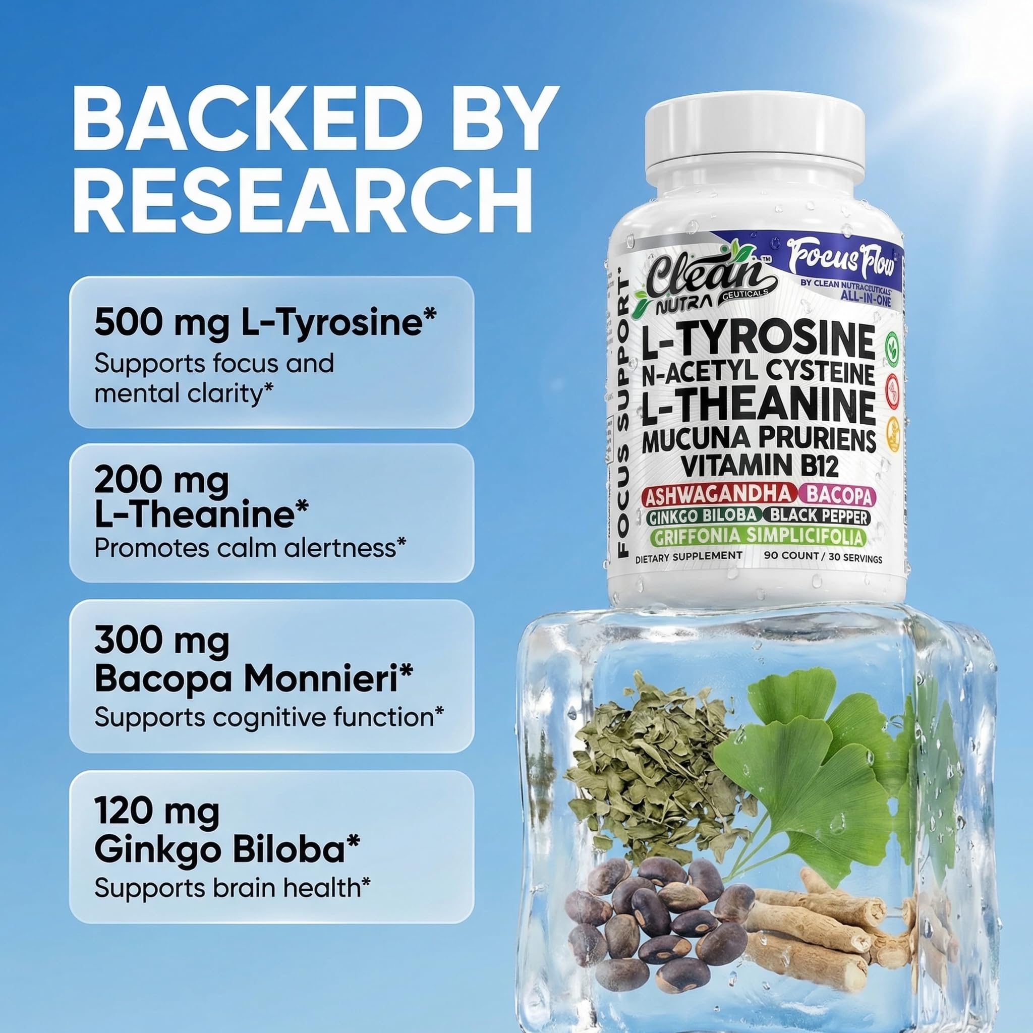 Focus Flow L-Tyrosine Vitamin B C D L-Theanine Ashwagandha Ginkgo Biloba Vitamin B12 Thiamine Black Pepper N-Acetylcysteine Mucuna Pruriens 90 Count Capsules by Clean Nutra Clean Nutraceuticals uk supplements