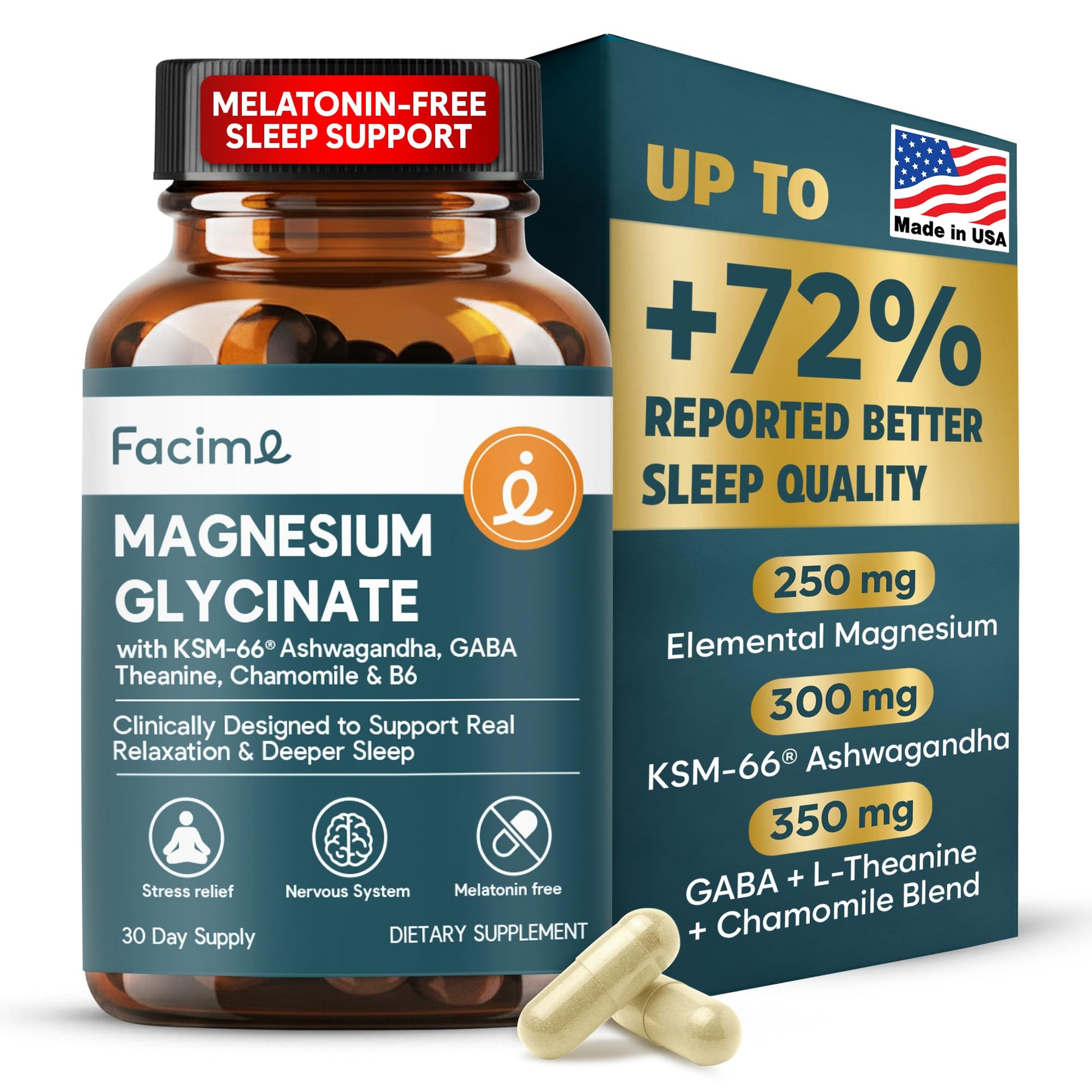 Natural Chelated Magnesium Glycinate Sleep Aid - Melatonin-Free Sleep & Stress Relief with KSM-66 Ashwagandha, GABA, L-Theanine & Chamomile for Muscle Relaxation - Made in USA - 90 Capsules Facime uk supplements