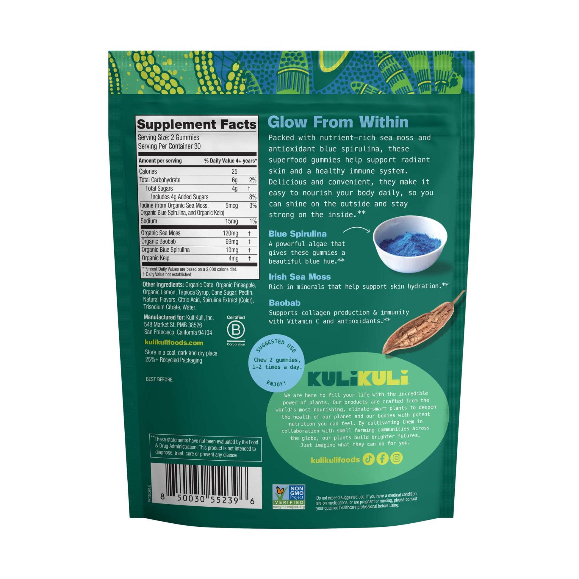 Kuli Kuli Sea Moss & Blue Spirulina Superfood Gummies - Pineapple Colada Flavor, 60 Count - Plant-Based Irish Sea Moss with Baobab & Vitamin C for Skin Glow, Immune Support & Collagen (1 Month Supply) Kuli Kuli uk supplements