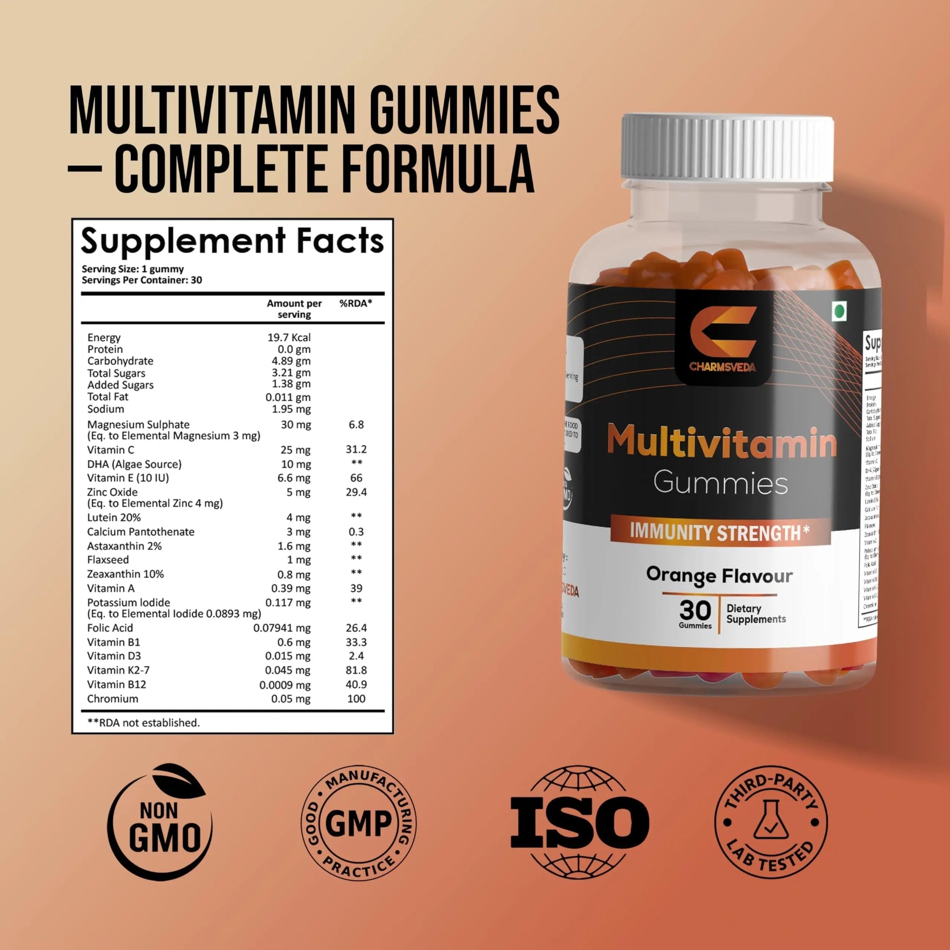 CHARMSVEDA Multivitamin Gummies – Energy, Immunity & Overall Wellness with DHA, Vitamin C, Zinc & Antioxidants – Orange Flavour – 30 Gummies CHARMSVEDA uk supplements