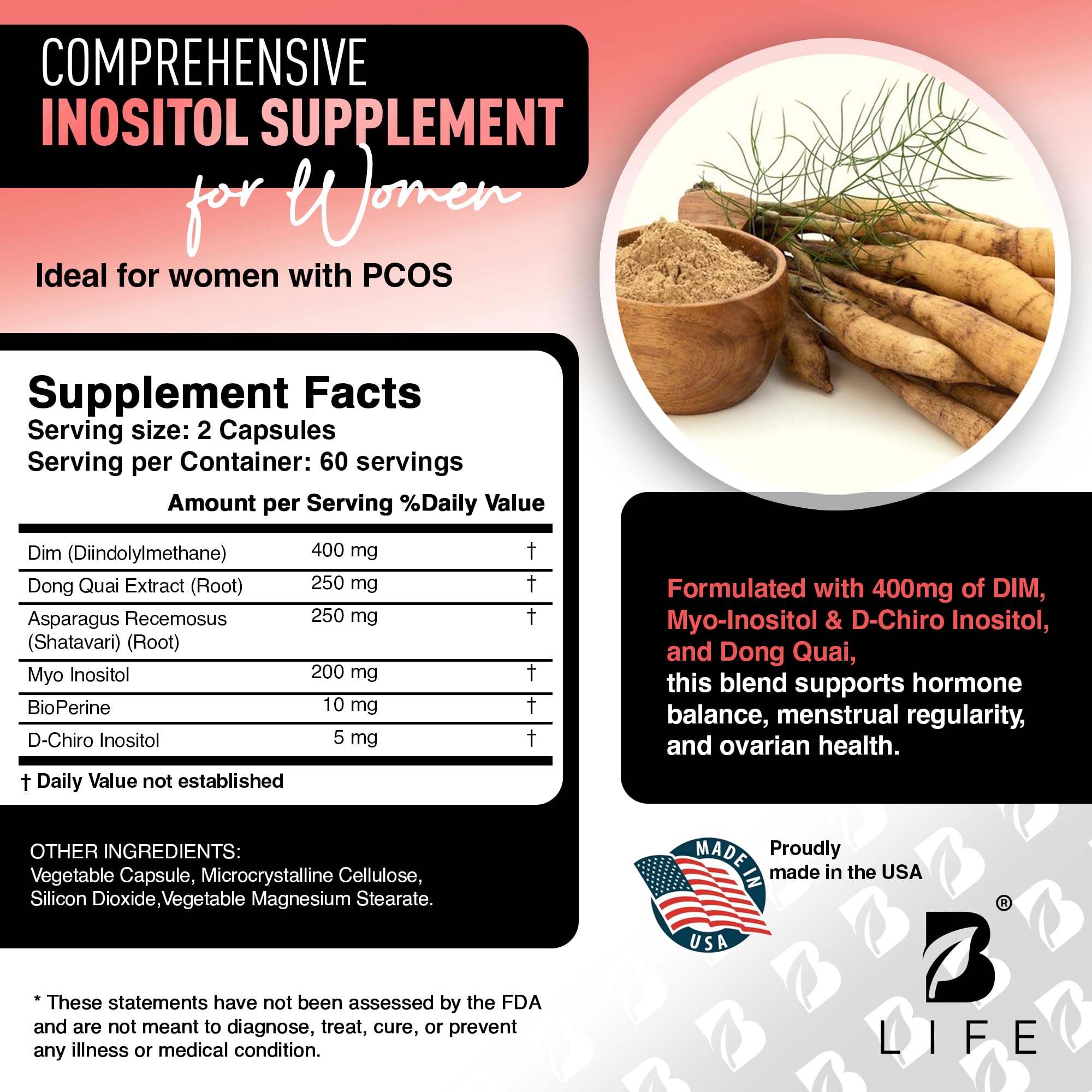 B Life Company DIM Supplement 400 mg with Myo & D-Chiro Inositol, Dong Quai – Hormone Balance for Women – Fertility Supplements – Inositol Supplement - 120 Caps B Life Company uk supplements
