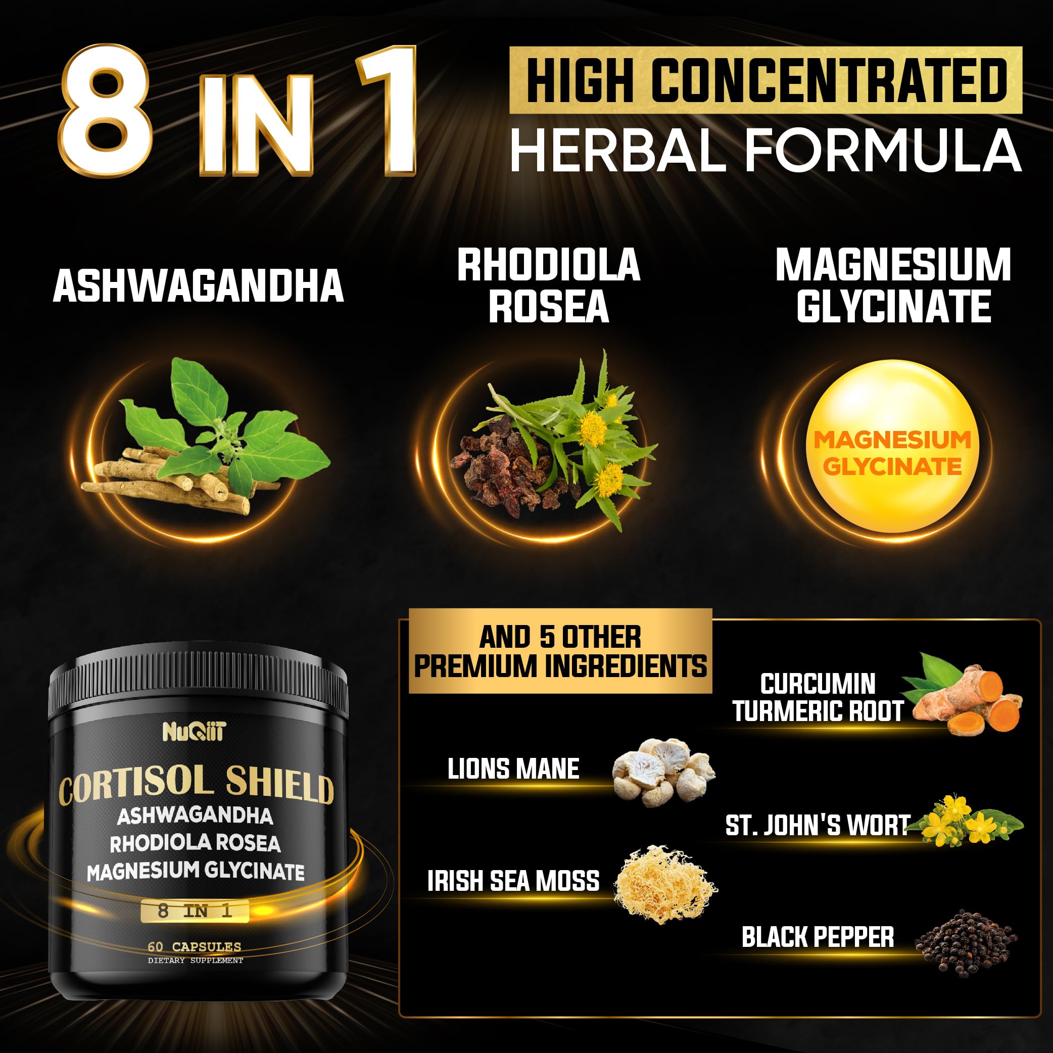 8in1 Cortisol Shield - Ashwagandha and Magnesium, Rhodiola Rosea, Lions Mane, Sea Moss, Turmeric, St Jonh's Wort - Mind& Mood Balance, Rest Well, Support Immume - 60 Capsules NUQIIT uk supplements