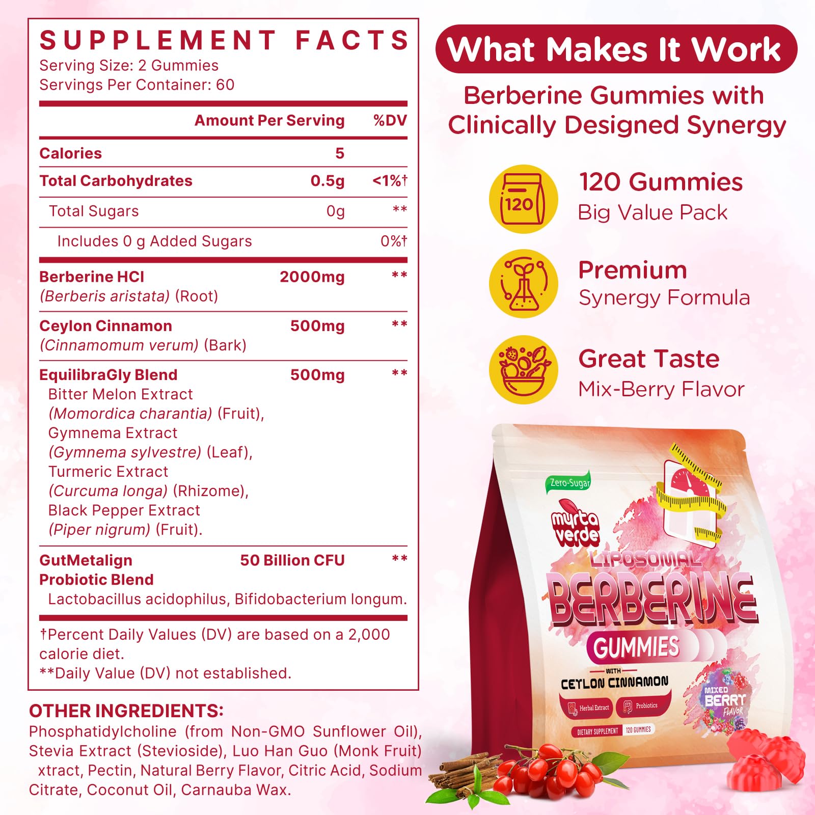 2000mg Liposomal Berberine Supplement Gummies | High Potency Berberine HCI Activates AMPK with Ceylon Cinnamon | Advanced Absorption | Zero Sugar Mixed-Berry | 120 Count Myrtaverde uk supplements