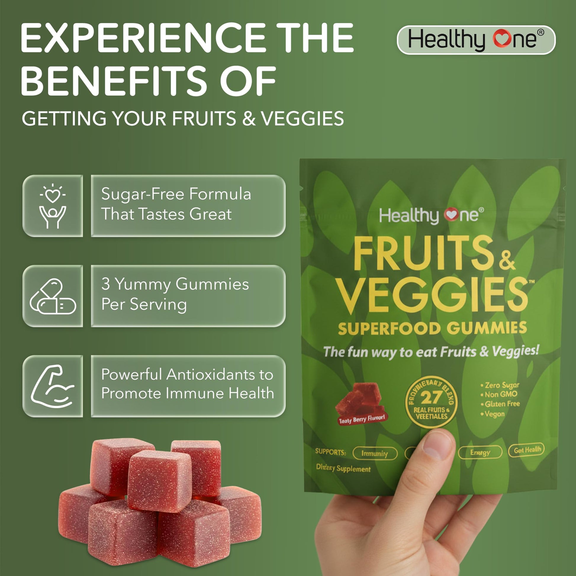 Fruits & Veggies Sugar-Free Gummies - 27 Whole Foods - Equals 3 Servings of Fruits & Vegetables - Improve Energy, Focus & Immune Function - Fiber - Antioxidants - Organic Ingredients - 28 Packets Healthy One uk supplements