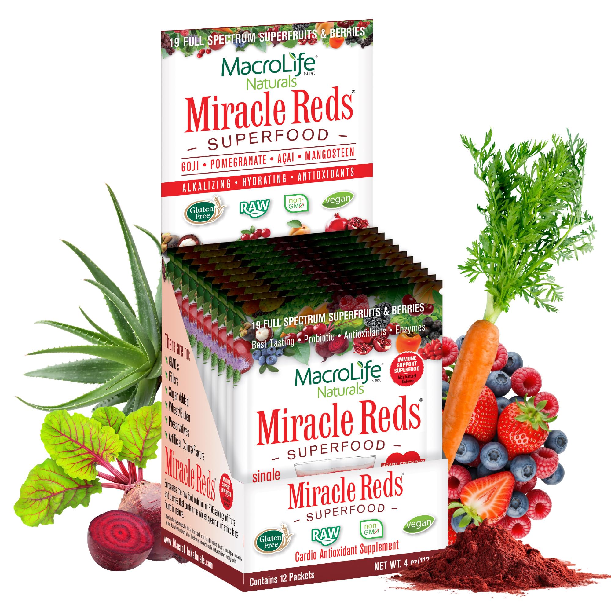 MacroLife Naturals Miracle Reds Superfood Powder 19 Blended Fruit & Berry Polyphenols Enzymes Probiotics & Antioxidants Supplement - Raw Non-GMO & Vegan Whole Food Vitamins - 12 Packet Servings MacroLife Naturals uk supplements