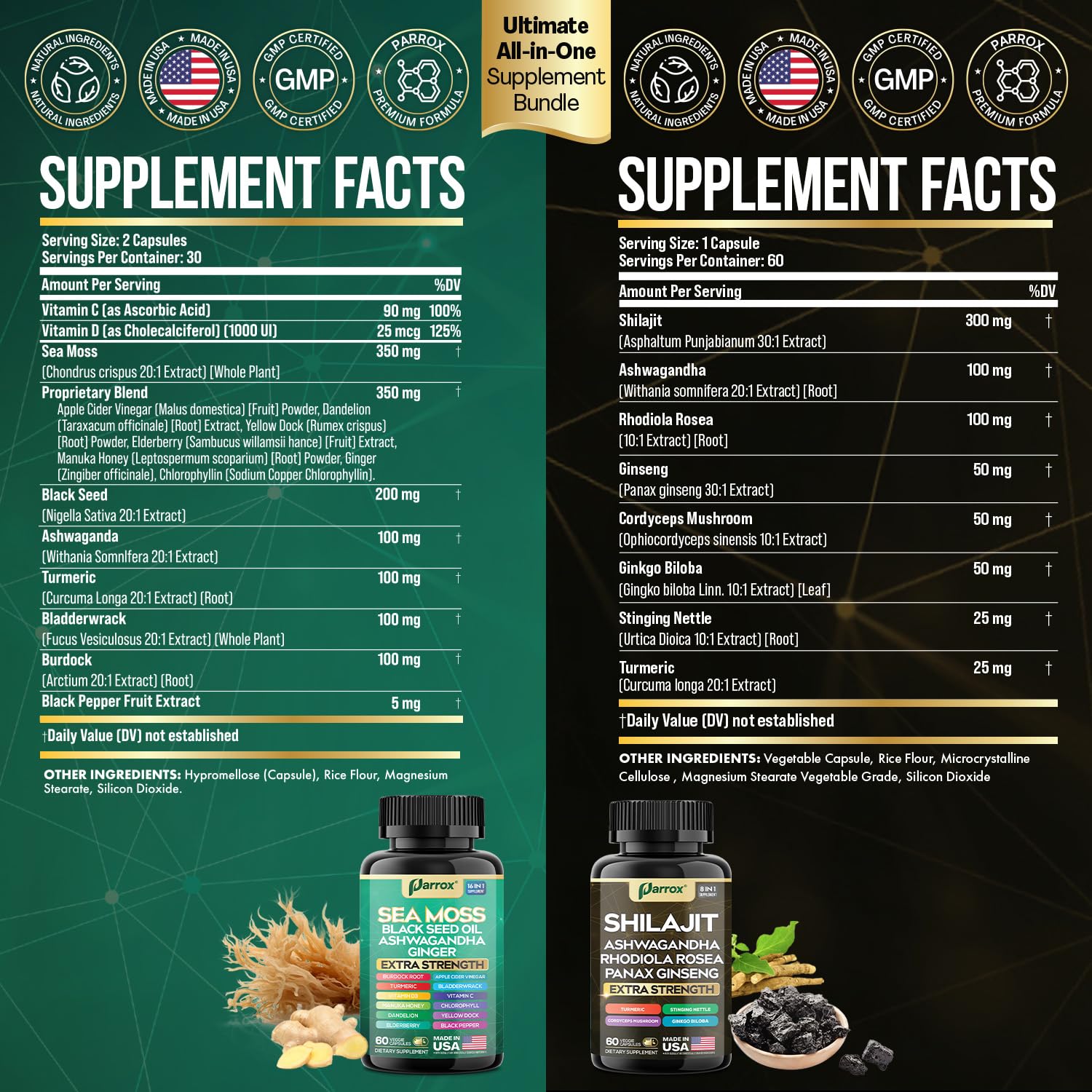 Parrox Shilajit and Sea Moss Bundle, Sea Moss 350mg, Black Seed Oil 200mg, Ashwagandha 100mg, Turmeric, Shilajit 300mg, Rhodiola Rosea 100mg, Panax Ginseng 50mg, Dynamic Vitality Bundle (2 Pack) Parrox uk supplements