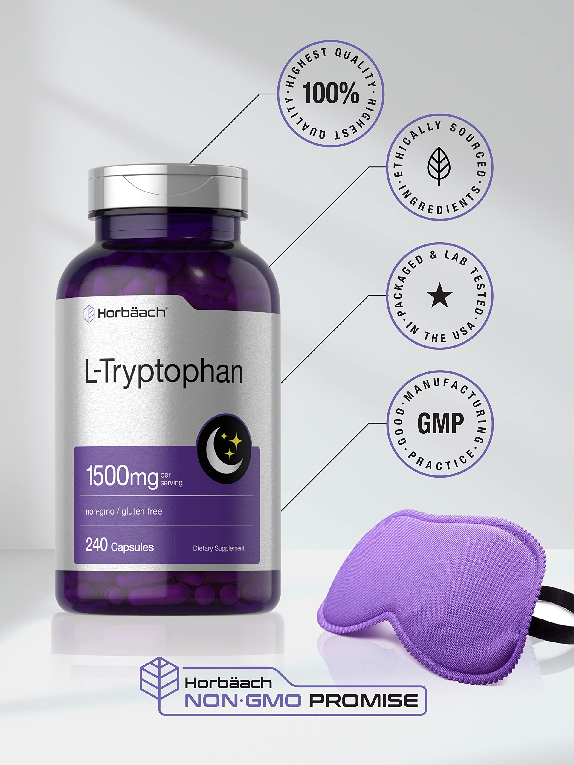 L Tryptophan 1500mg Capsules | 240 Count | Nighttime Formula | Non-GMO, Gluten Free Horbäach uk supplements