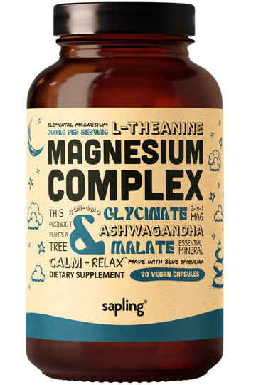 Magnesium Glycinate Complex Supplement - Chelated Magnesium Glycinate with Malate, Organic Ashwagandha, L-theanine & Blue Spirulina - High Absorption, Vegan, Non-GMO, 300mg, 90 Veggie Caps sapling uk supplements