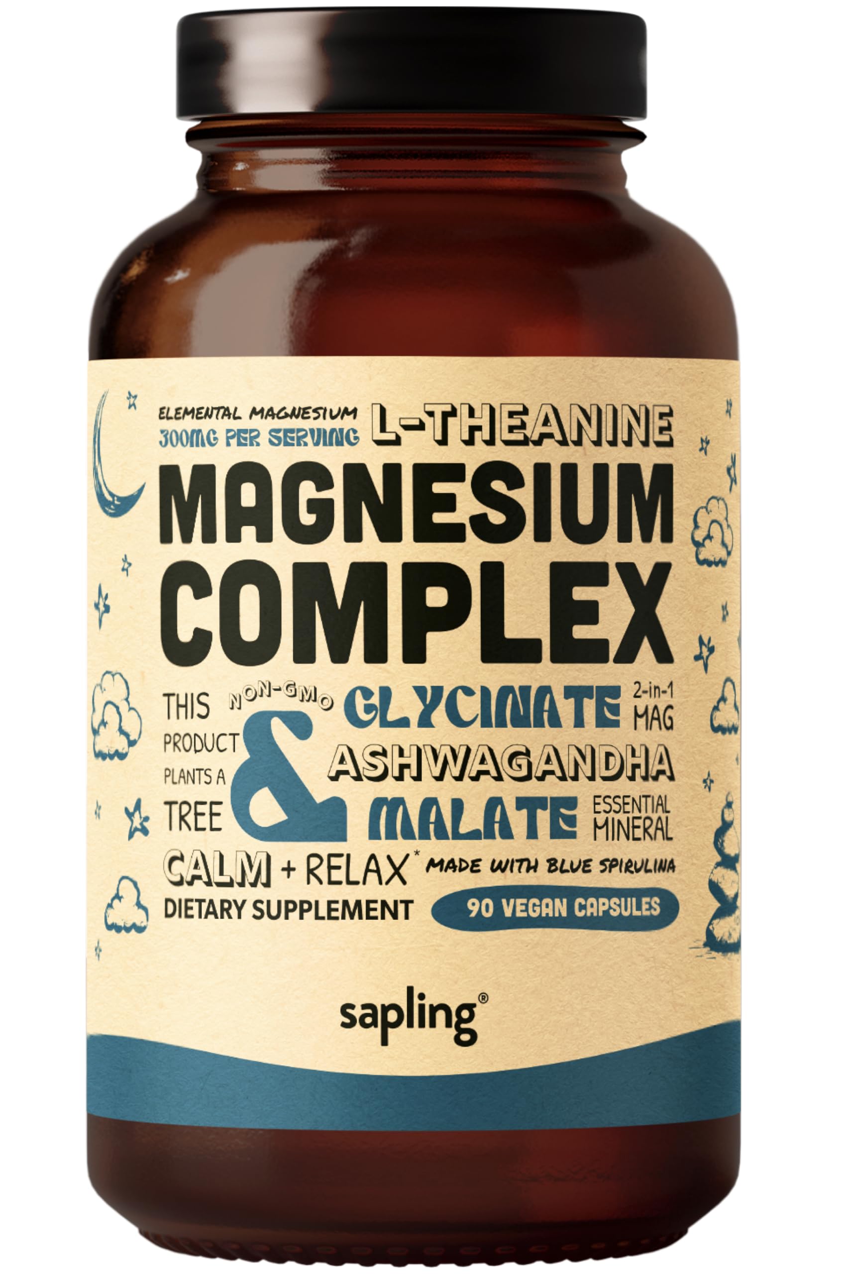 Magnesium Glycinate Complex Supplement - Chelated Magnesium Glycinate with Malate, Organic Ashwagandha, L-theanine & Blue Spirulina - High Absorption, Vegan, Non-GMO, 300mg, 90 Veggie Caps sapling uk supplements