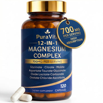 Puravita 12 in 1 Magnesium, Magnesium Complex for Women Men, 700mg High Absorption, Glycinate, Citrate, Malate, Oxide, Taurat, Relaxation & Energy Support, Vegan 120 Capsules (A) PURAVITA uk supplements