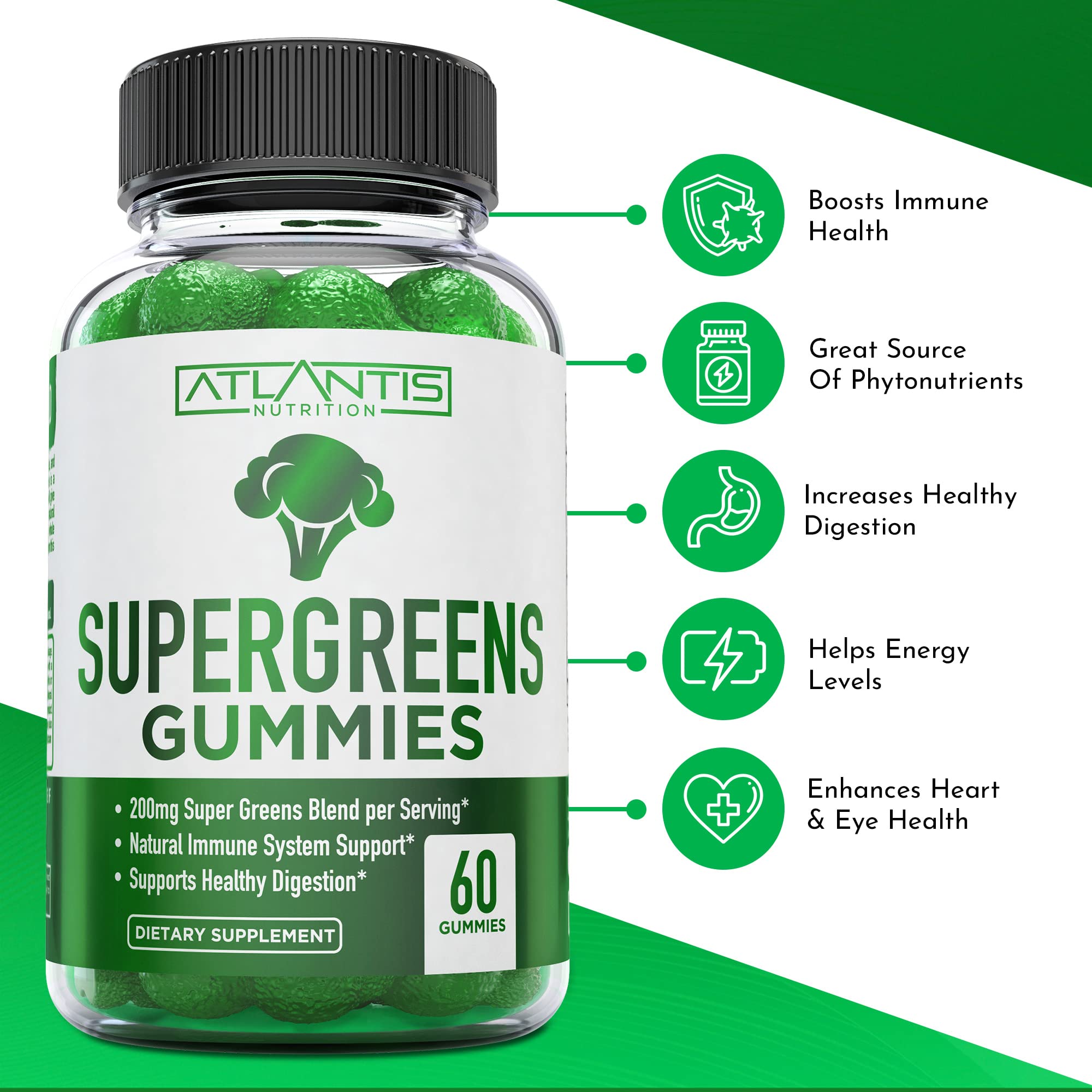 Atlantis Nutrition Supergreens Gummies - Daily Green Superfoods Supplement with Spinach, Broccoli, Moringa, Beet Root, Celery, Green Tea, & Acai for Immunity Support - Natural Raspberry Flavor, 60 cnt Atlantis Nutrition uk supplements