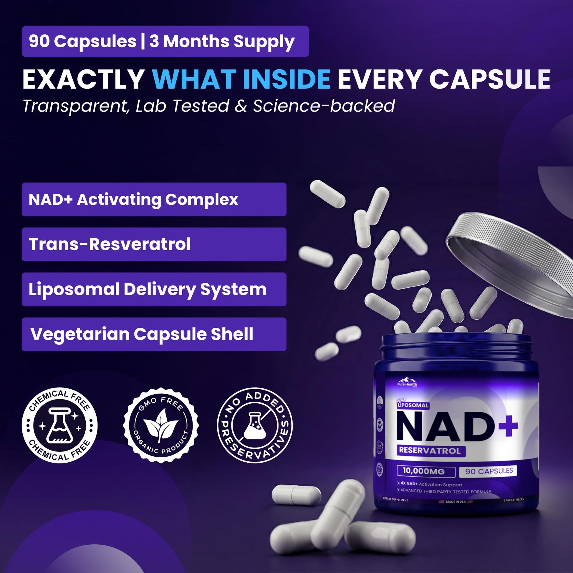 PURE HEALTH MAX PHM NAD Resveratrol Supplement - 10,000MG Extra Strength | NAD+ Liposomal Supplements for Men and Women | NMN & NMNH Alternative | 90 Capsules, 1.5 Months Supply PURE HEALTH MAX uk supplements