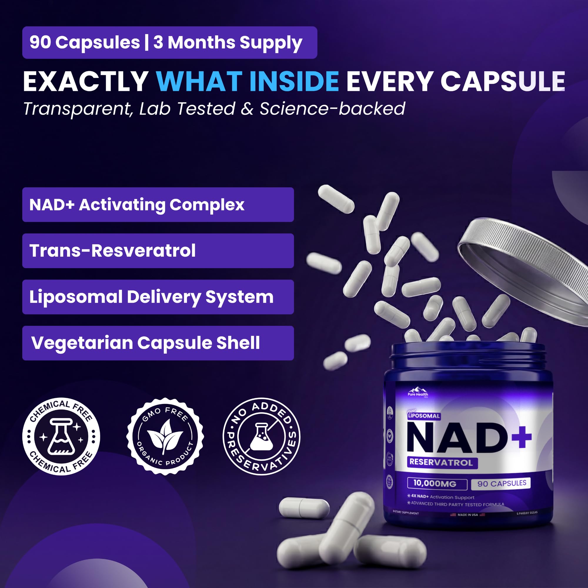 PURE HEALTH MAX PHM NAD Resveratrol Supplement - 10,000MG Extra Strength | NAD+ Liposomal Supplements for Men and Women | NMN & NMNH Alternative | 90 Capsules, 1.5 Months Supply PURE HEALTH MAX uk supplements
