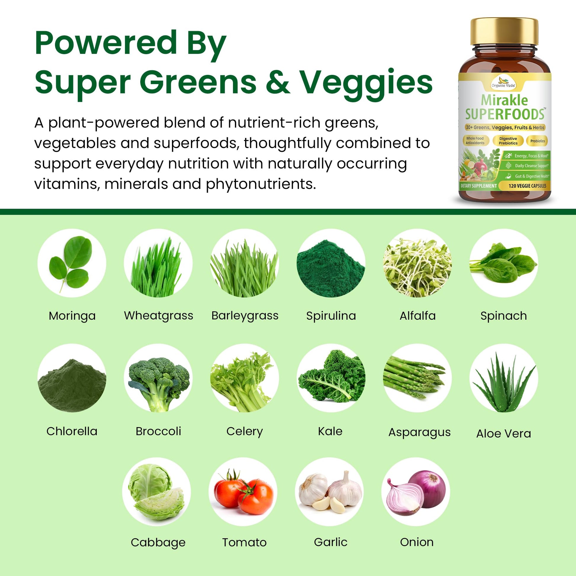 Organic Veda Mirakle Superfoods Greens Capsules - 30+ Daily Greens and Veggies Supplement with Moringa, Spirulina, Chlorella, Turmeric & Herbs, Antioxidants, Resveratrol, Probiotics - 120 Capsule Organic Veda uk supplements