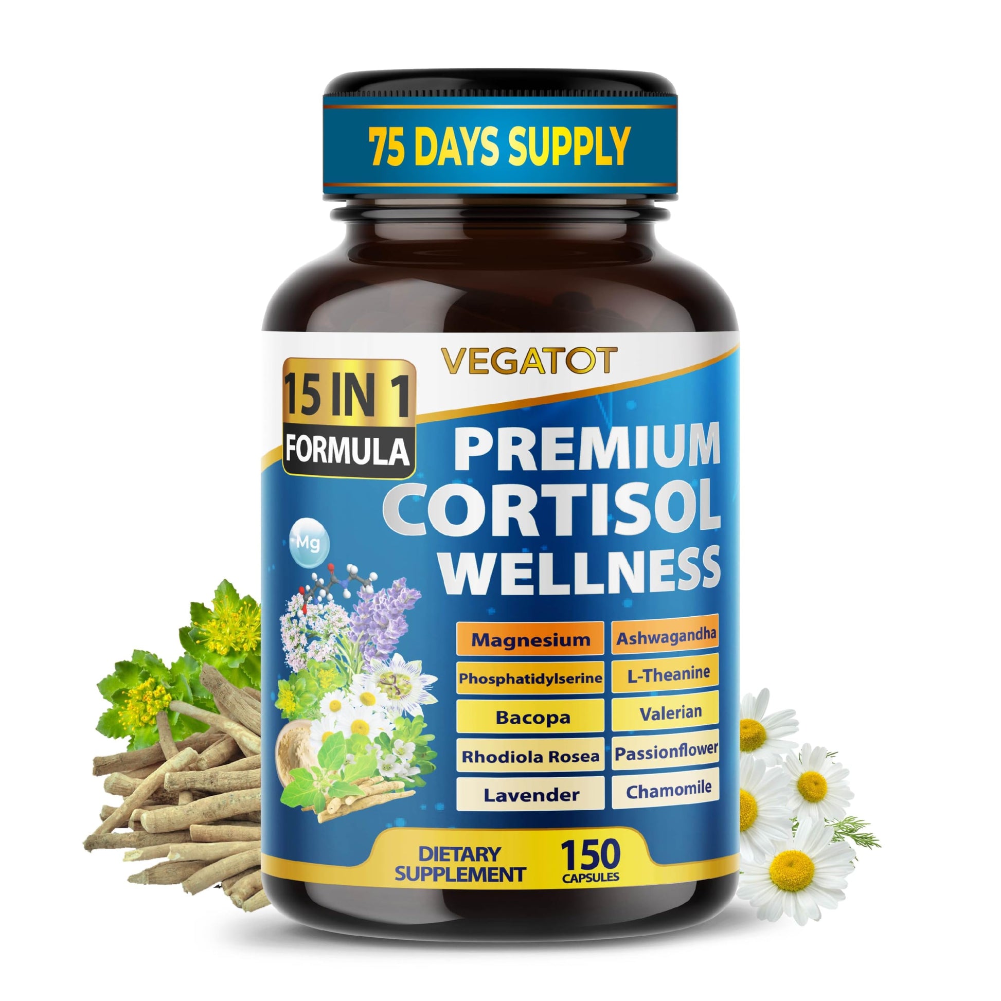 VEGATOT Organic Cortisol Wellness Complex 15-in-1 Formula with Magnesium Ashwagandha St. John's Wort Valerian Rhodiola Rosea Passionflower Chamomile VEGATOT uk supplements