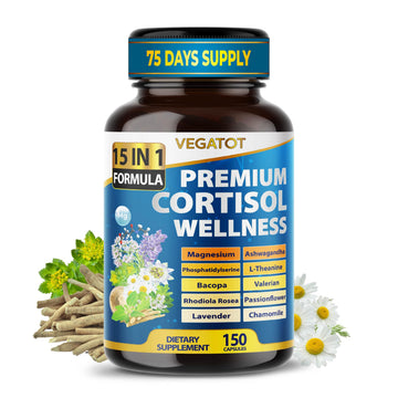 VEGATOT Organic Cortisol Wellness Complex 15-in-1 Formula with Magnesium Ashwagandha St. John's Wort Valerian Rhodiola Rosea Passionflower Chamomile VEGATOT uk supplements