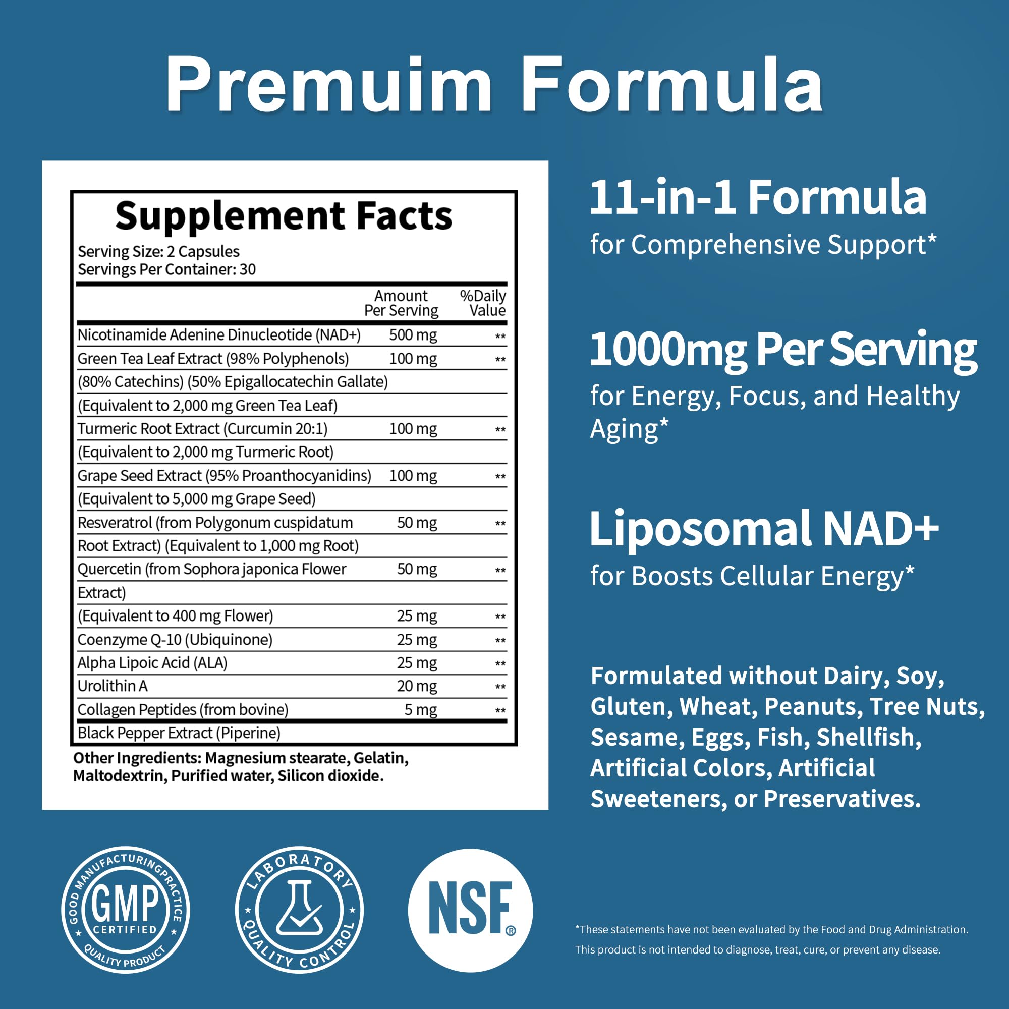 NAD Supplement 11-in-1 Extra Strength – Liposomal NAD with Resveratrol, CoQ10, Urolithin A, ALA & Turmeric – Supports Anti-Aging, Cellular Repair, Energy & Focus – for Women & Men – 60 Capsules JuvaNutra uk supplements