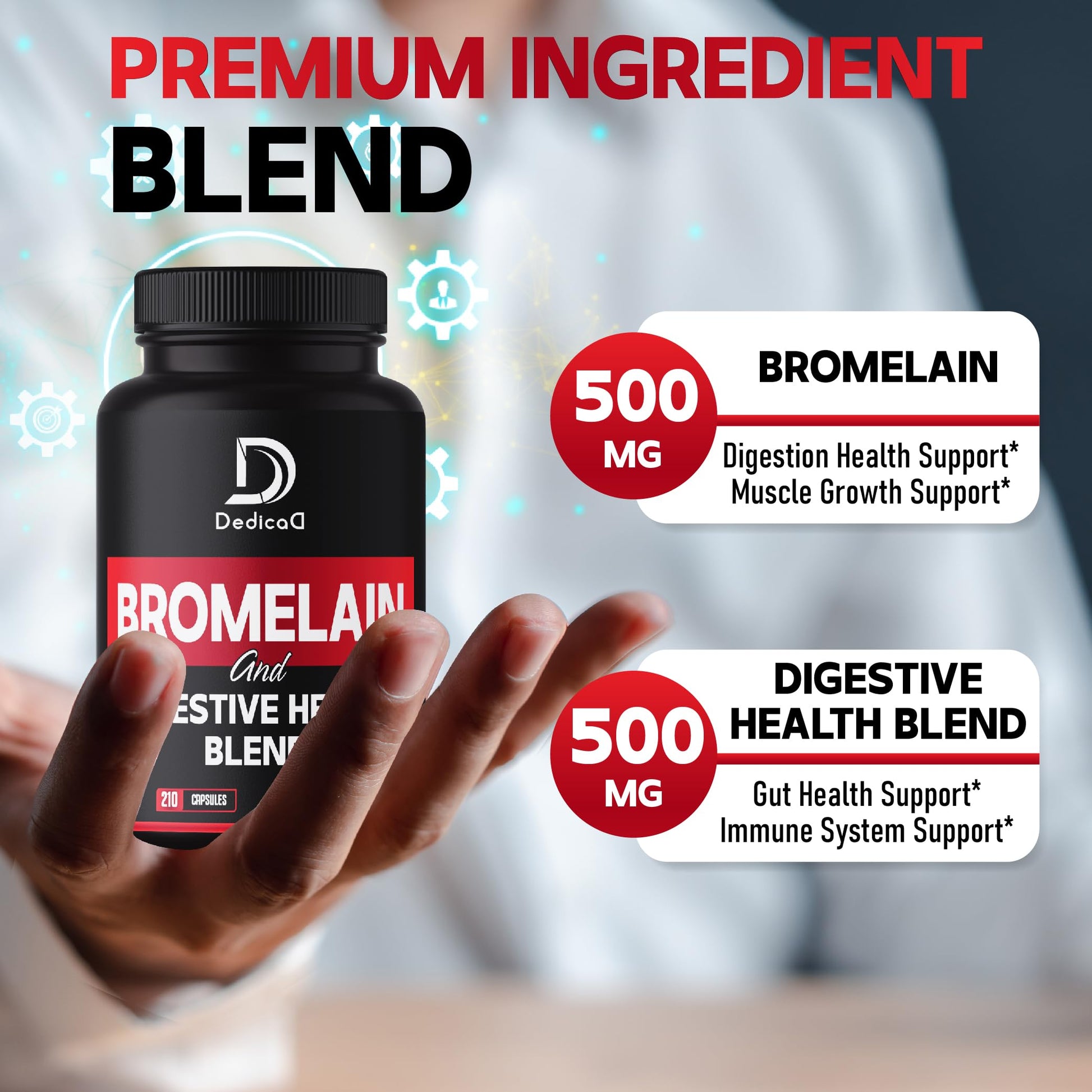 DEDICAD 6in1 Bromelain 500mg Supplement - 1000mg per Serving - 210 Capsules with Digestive Health Blend as Quercetin, Ginger, Turmeric, Papaya - Support Overall Health, Digestion & Immune System DEDICAD uk supplements