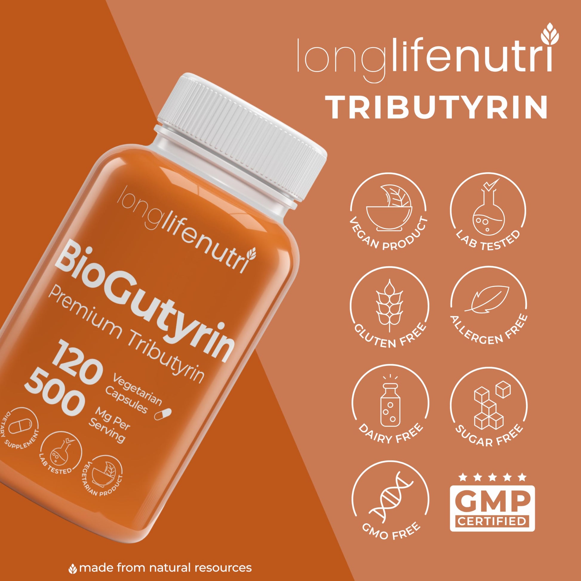 BioGutyrin – Tributyrin 500mg, Postbiotic Supplement for Gut Function & Nutrient Absorption, 120 Vegetarian Capsules, Butyric Acid for Butyrate Production, 4-Month Supply, GMP Certified, Made in USA LongLifeNutri uk supplements