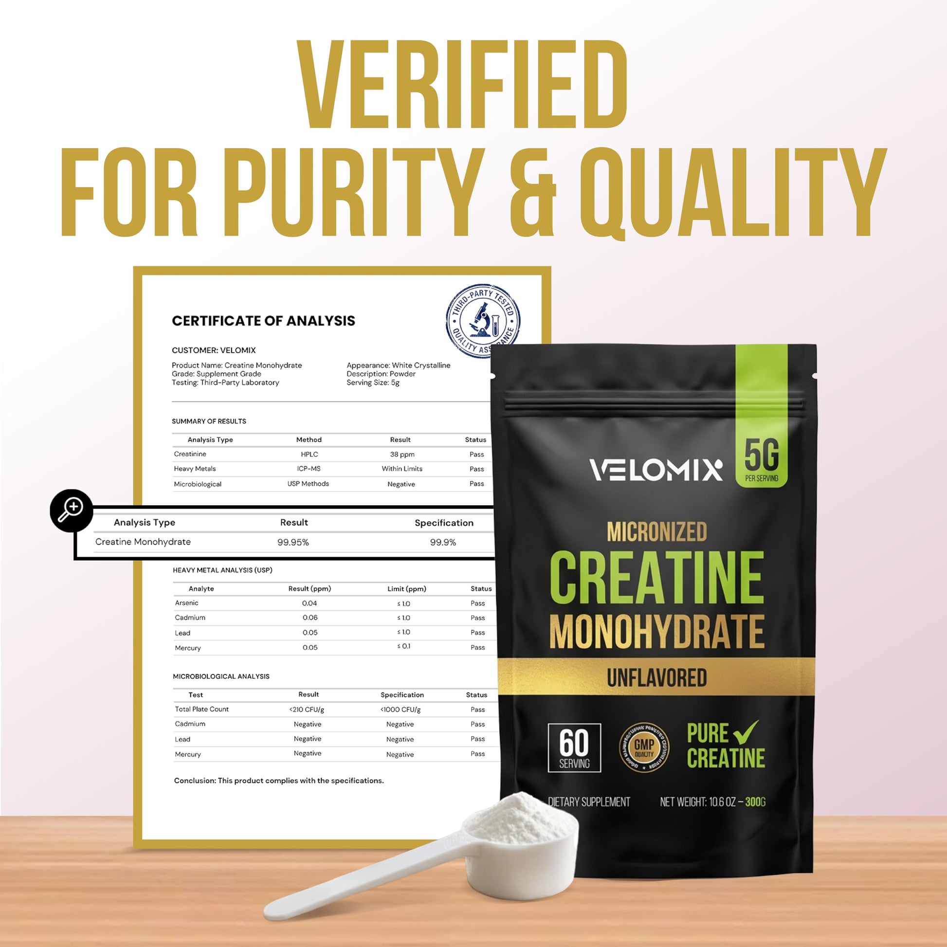 VELOMIX Micronized Creatine Monohydrate Powder - 100% Pure Creatine Powder Unflavored and Easy to Mix | Supports Muscle Growth, Recovery, and Strength | 5000mg Per Serv (5g) - 60 Servings VELOMIX uk supplements
