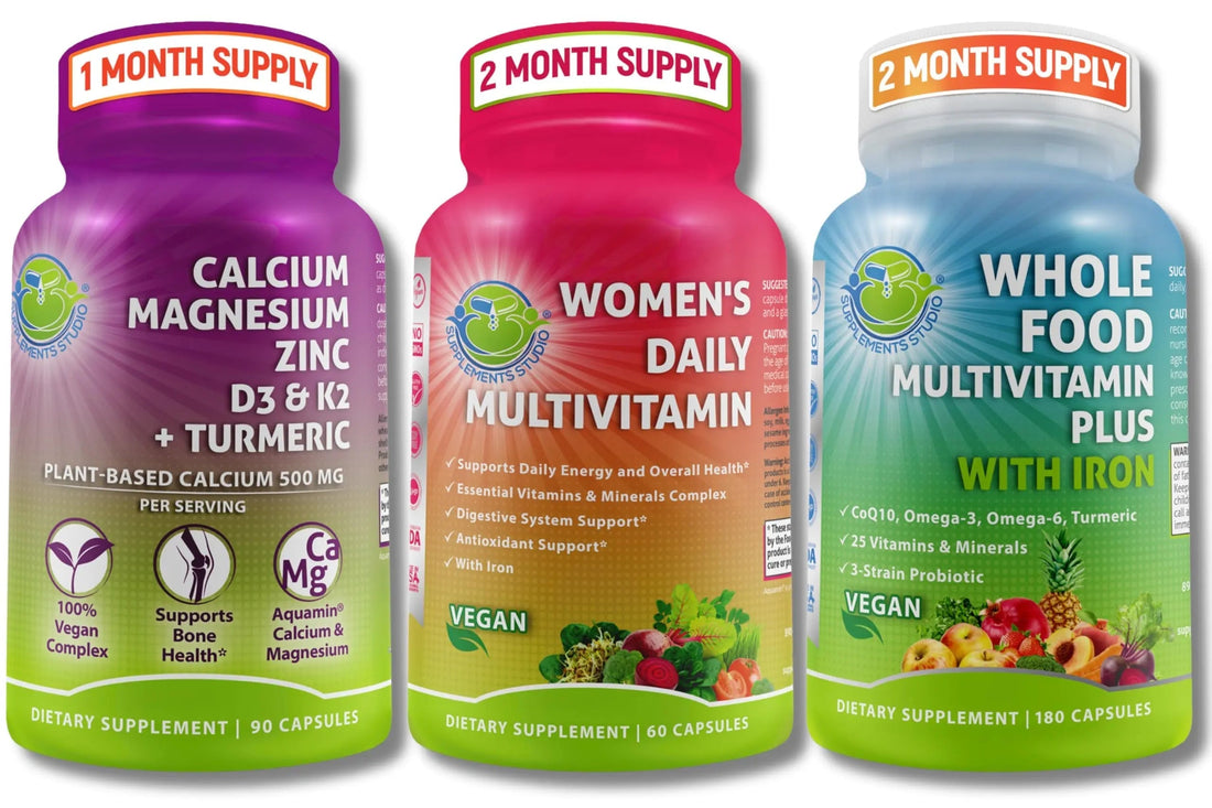SUPPLEMENTS STUDIO Vegan Bone, Immune, & Energy Support Trio – Whole Food Multivitamin with Iron + Women’s Multivitamin with Iron SUPPLEMENTS STUDIO uk supplements