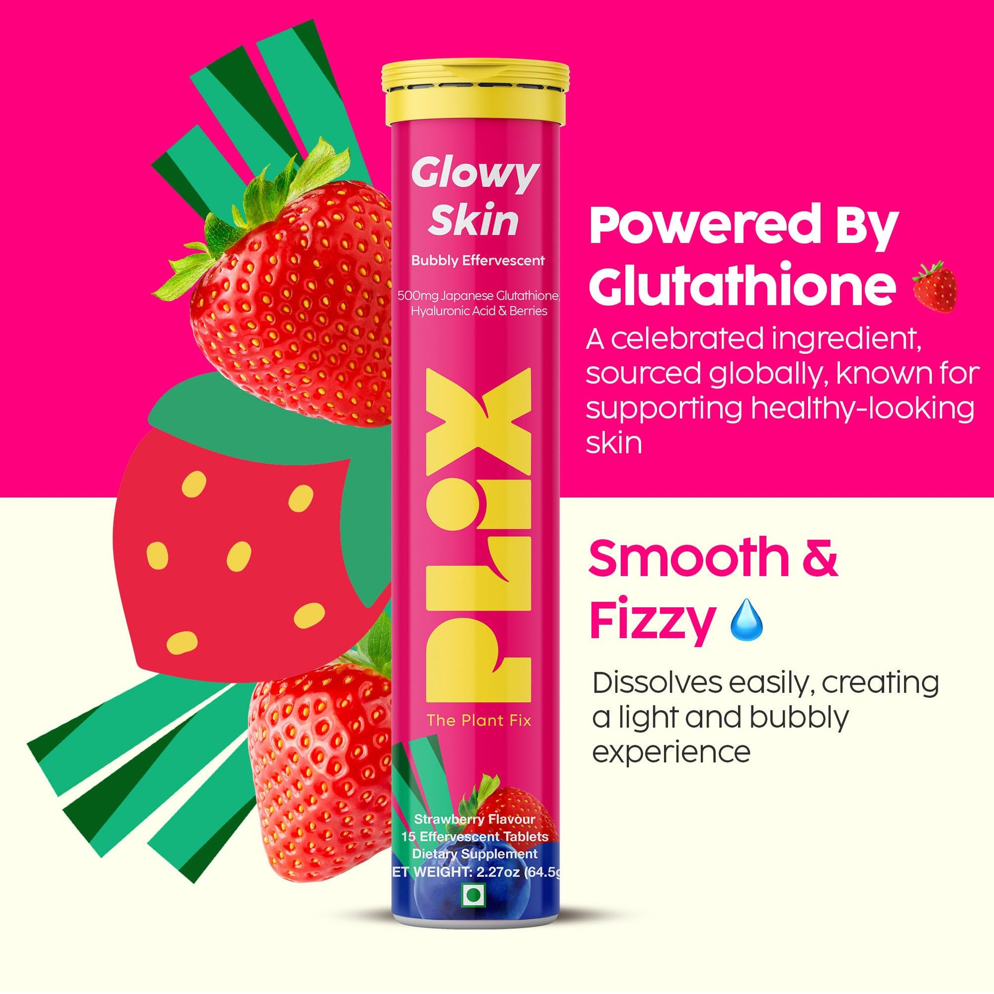 PLIX Glowy Skin 500mg Glutathione Supplement with Hyaluronic Acid, Vitamin C, E & Berries | 30 Effervescent Tablets, Strawberry Flavor PLIX - THE PLANT FIX uk supplements