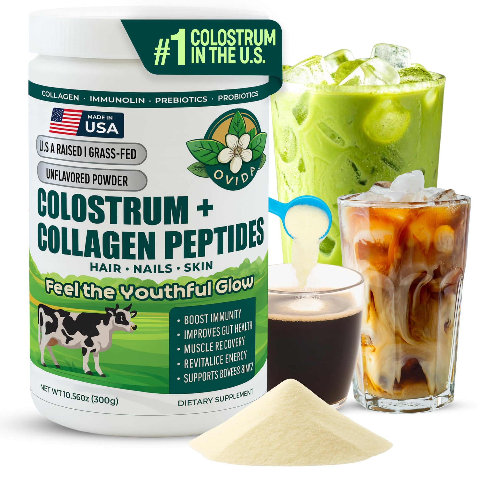 Bovine Colostrum and Hydrolyzed Collagen Peptides Powder Supplement for Women & Men - Supports Gut Health, Joint & Bone Health, Hair Skin Nails - Grass-Fed, Non-GMO, Gluten Free, 300g (30 Servings) OVIDA uk supplements