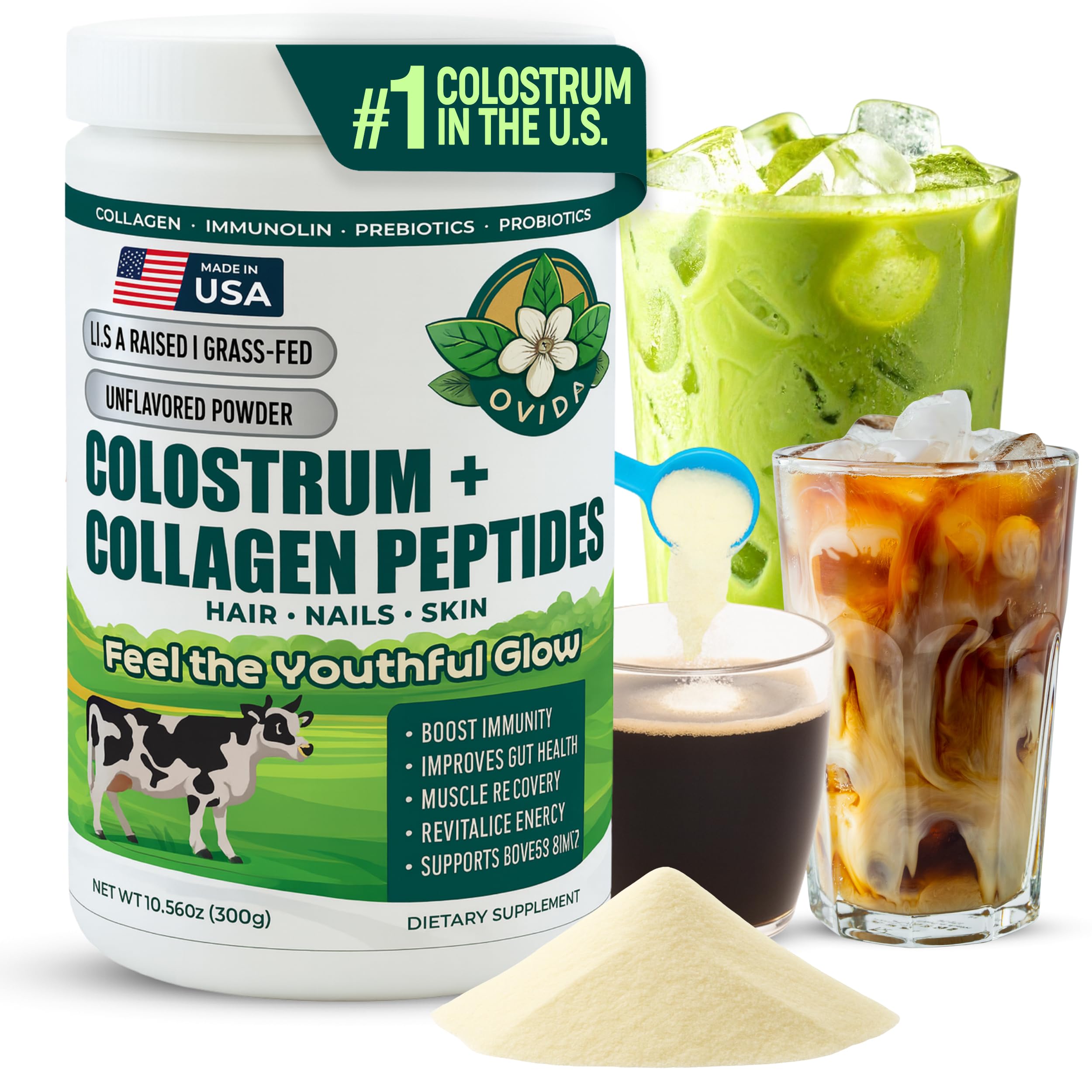 Bovine Colostrum and Hydrolyzed Collagen Peptides Powder Supplement for Women & Men - Supports Gut Health, Joint & Bone Health, Hair Skin Nails - Grass-Fed, Non-GMO, Gluten Free, 300g (30 Servings) OVIDA uk supplements