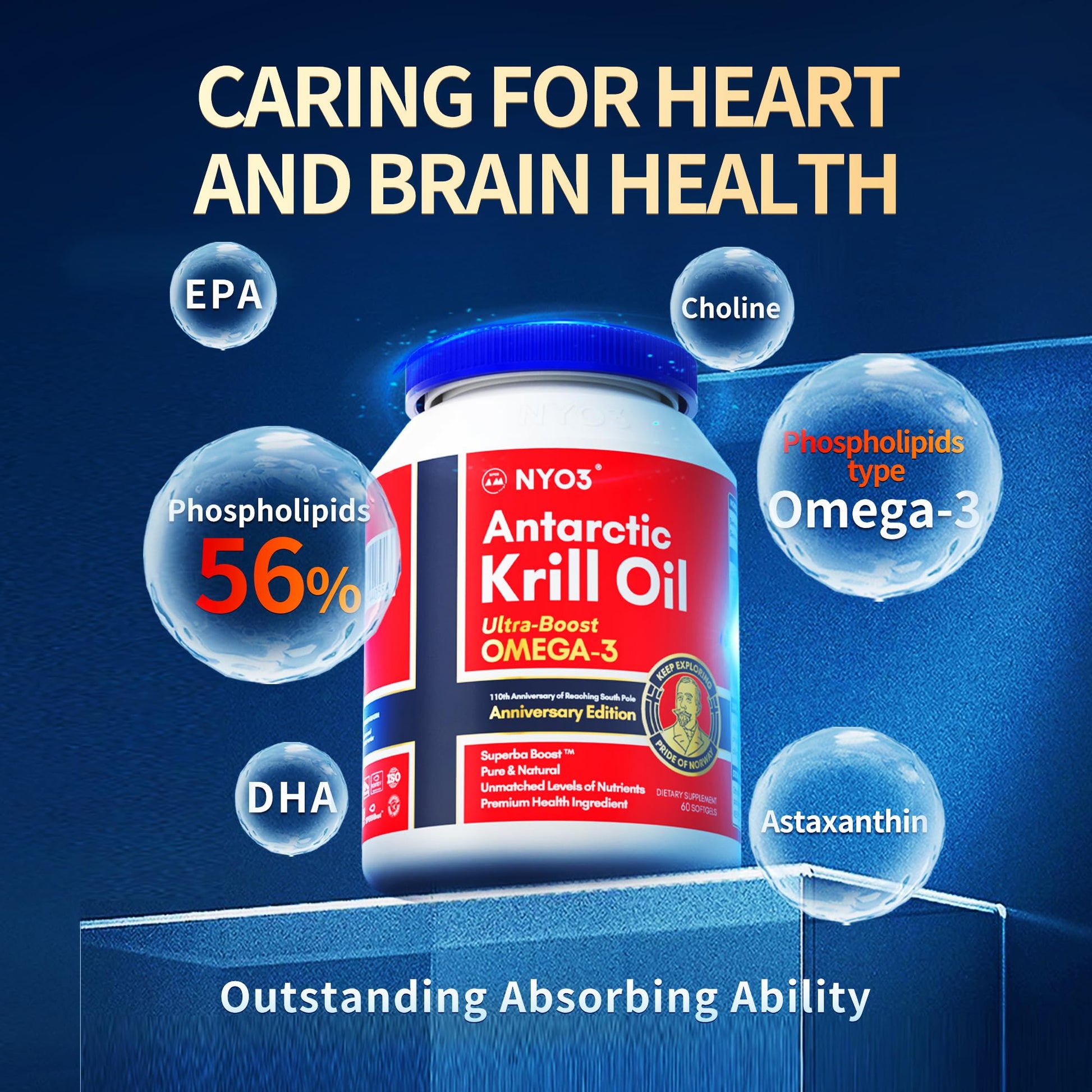 NYO3 Antarctic Krill Oil 1000mg Omega 3 Supplement, EPA & DHA, 90 Softgels Astaxanthin NYO3 uk supplements