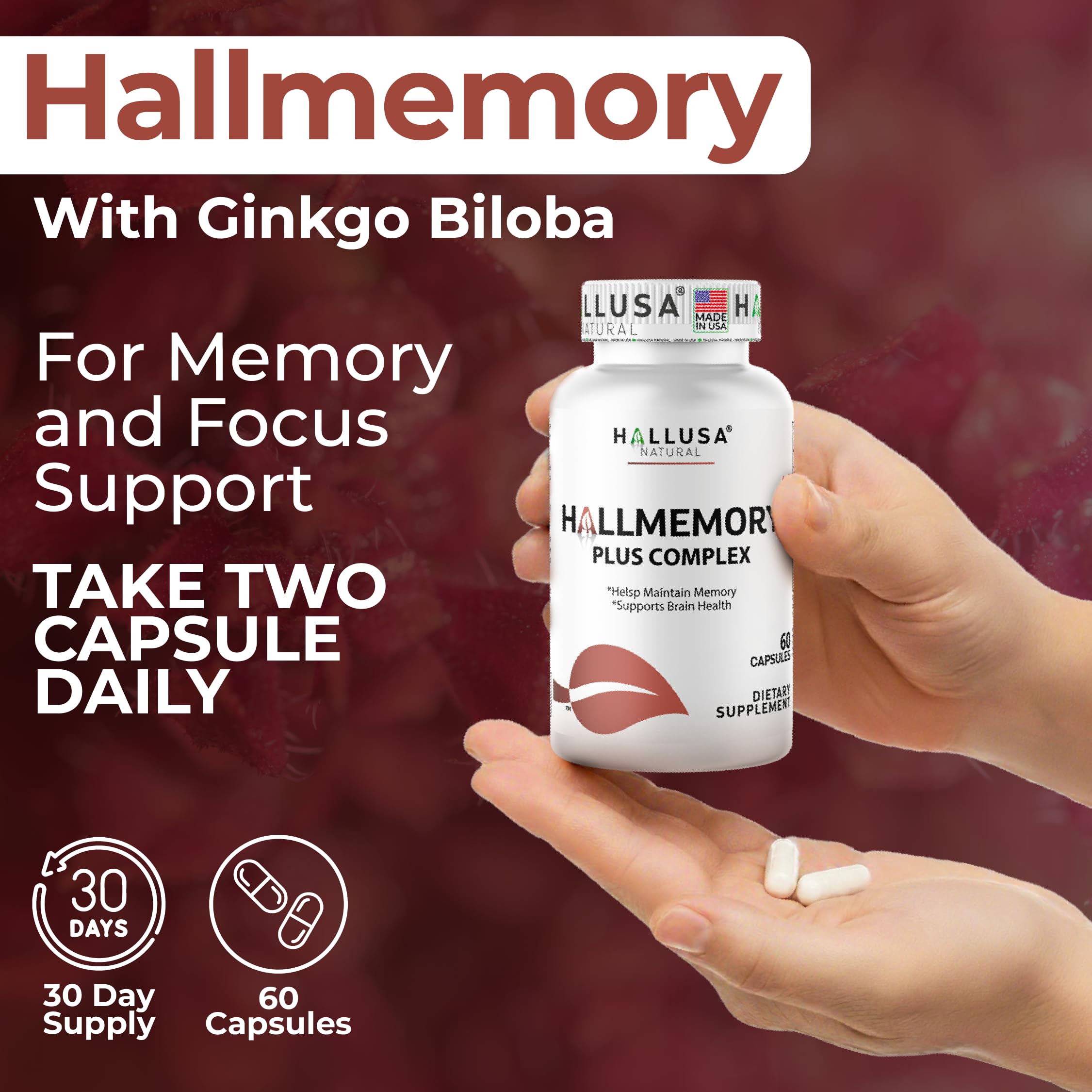 Hallusa Natural Brain Health Supplement Capsules 1680mg, Ginkgo Biloba, B Vitamins & Choline, Memory & Focus Support, Brain Booster for Men & Women, 60 Count Hallusa Natural uk supplements
