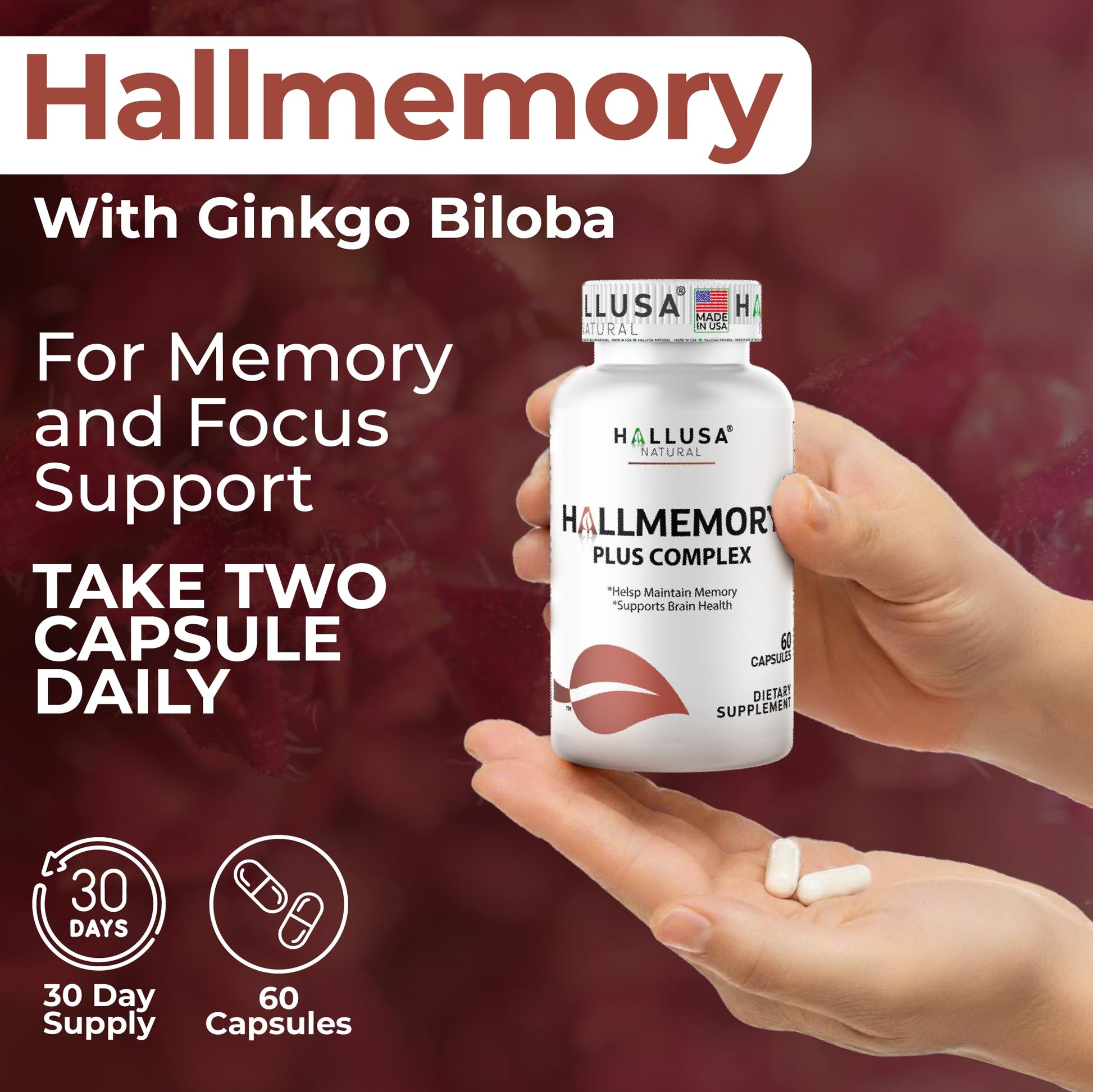 Hallusa Natural Brain Health Supplement Capsules 1680mg, Ginkgo Biloba, B Vitamins & Choline, Memory & Focus Support, Brain Booster for Men & Women, 60 Count Hallusa Natural uk supplements