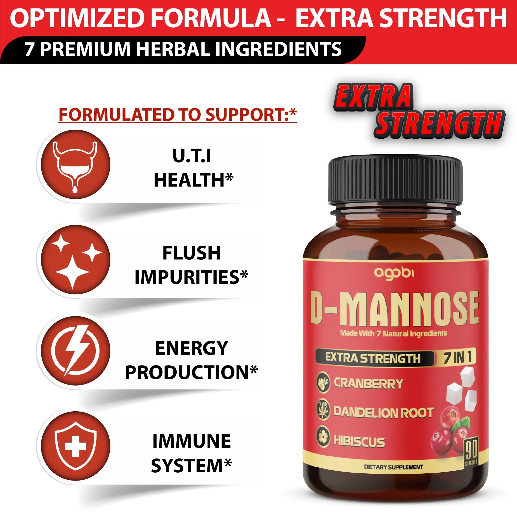 agobi D-Mannose Capsules - 7 Herbs with Cranberry, Dandelion, Hibiscus and More - Support Flush Impurities and Urinary Tract Health - 90 Vegan Capsules 3-Month Supply agobi uk supplements