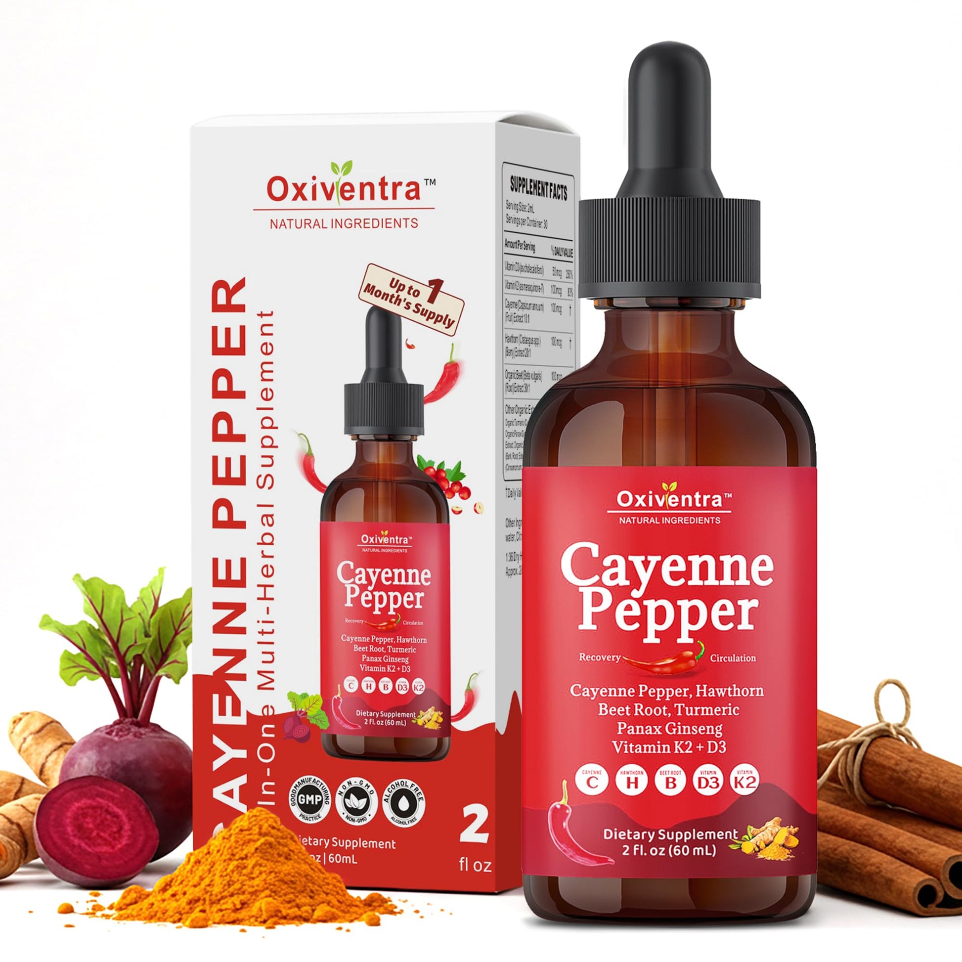 Cayenne Pepper Drops Liquid Supplement Smooth & Sweet Herbal Liquid + Hawthorn Berry, Vitamin D3 K2 Beet Root Powder, Ceylon Cinnamon, Turmeric Curcumin, Organic Panax Ginseng - 2fl oz Oxiventra uk supplements
