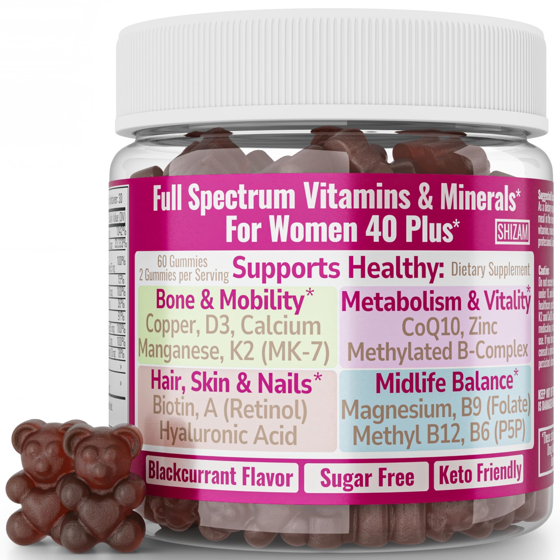 SHIZAM Vitamin D3 K2 MK-7 Gummies with Magnesium, Folate (5-MTHF), Methylfolate, CoQ10, B6 P5P & Methylated B-Complex for Women 40+ SHIZAM uk supplements