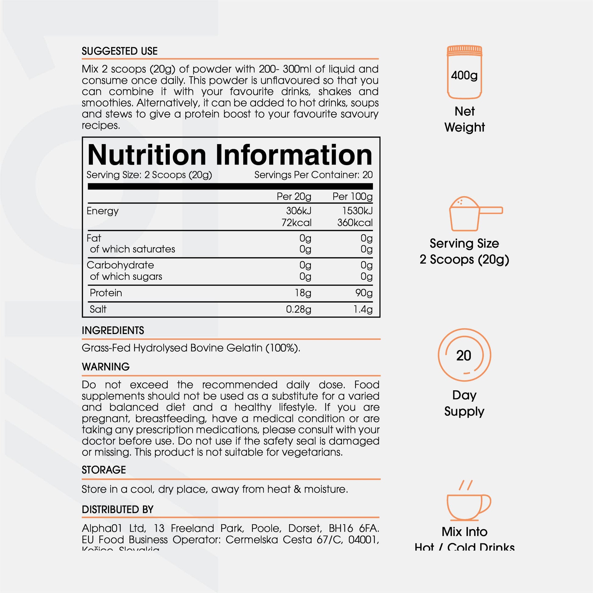Bone Broth Beef Protein Powder - 400g - Unflavoured - 100% Grass-Fed & Pasture Raised Beef ALPHA01 uk supplements