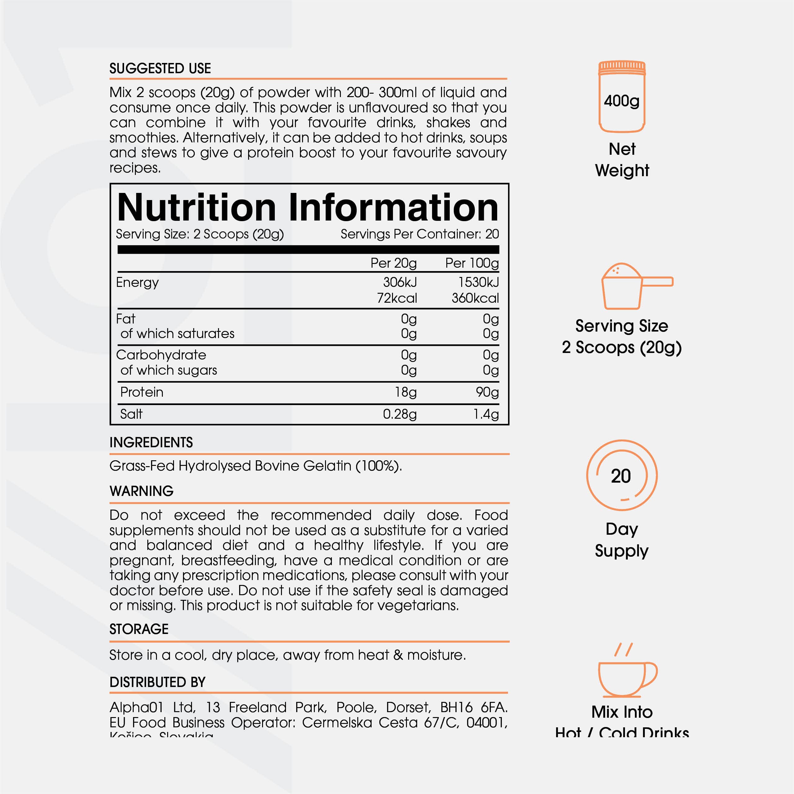 Bone Broth Beef Protein Powder - 400g - Unflavoured - 100% Grass-Fed & Pasture Raised Beef ALPHA01 uk supplements