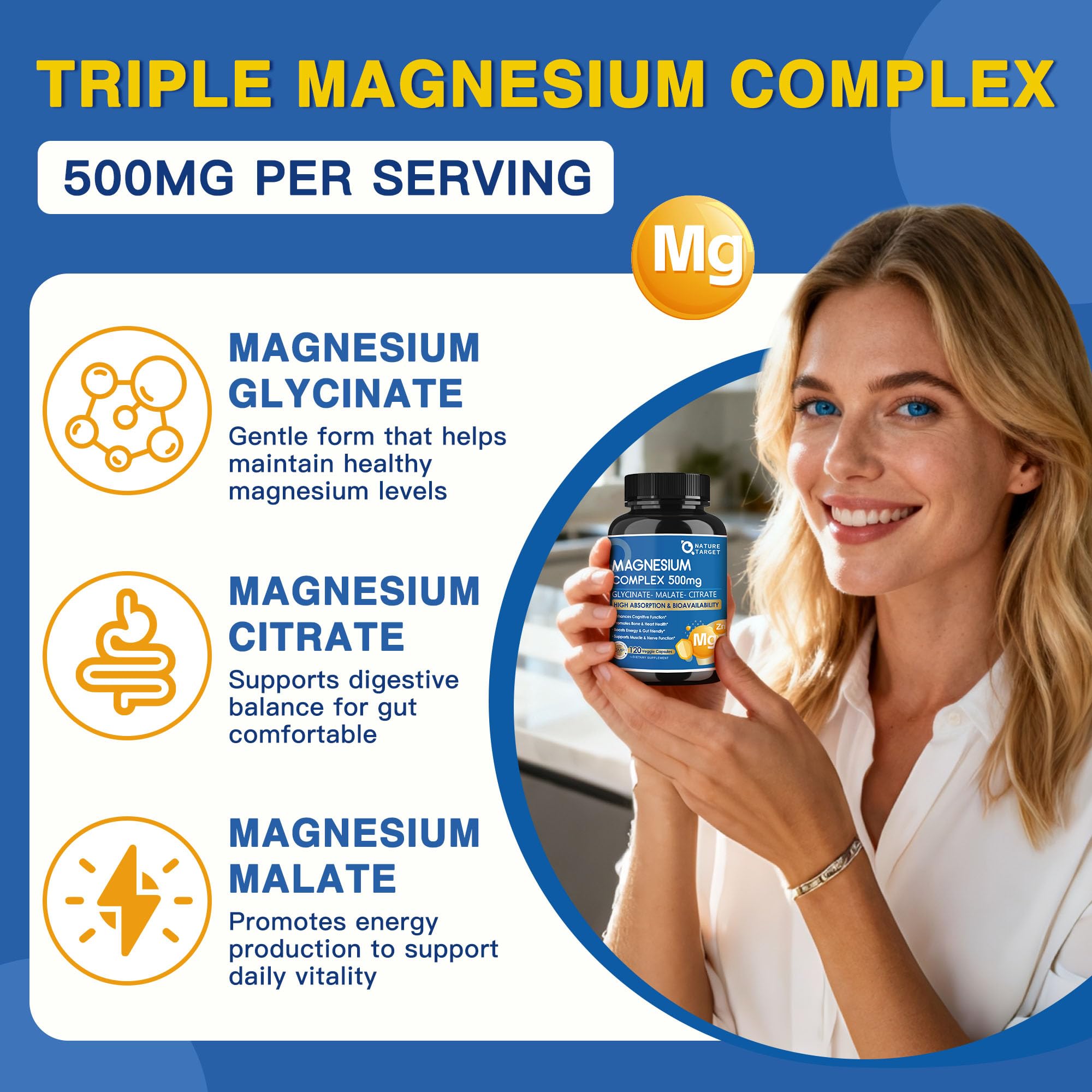 Magnesium Complex 500mg, Magnesium Glycinate, Malate & Citrate - High Absorption Chelated Triple Magnesium Supplement with Zinc, Vitamin D3 for Muscle, Nerve, Bone & Immune Support, Vegan 120 Capsules NATURE TARGET uk supplements
