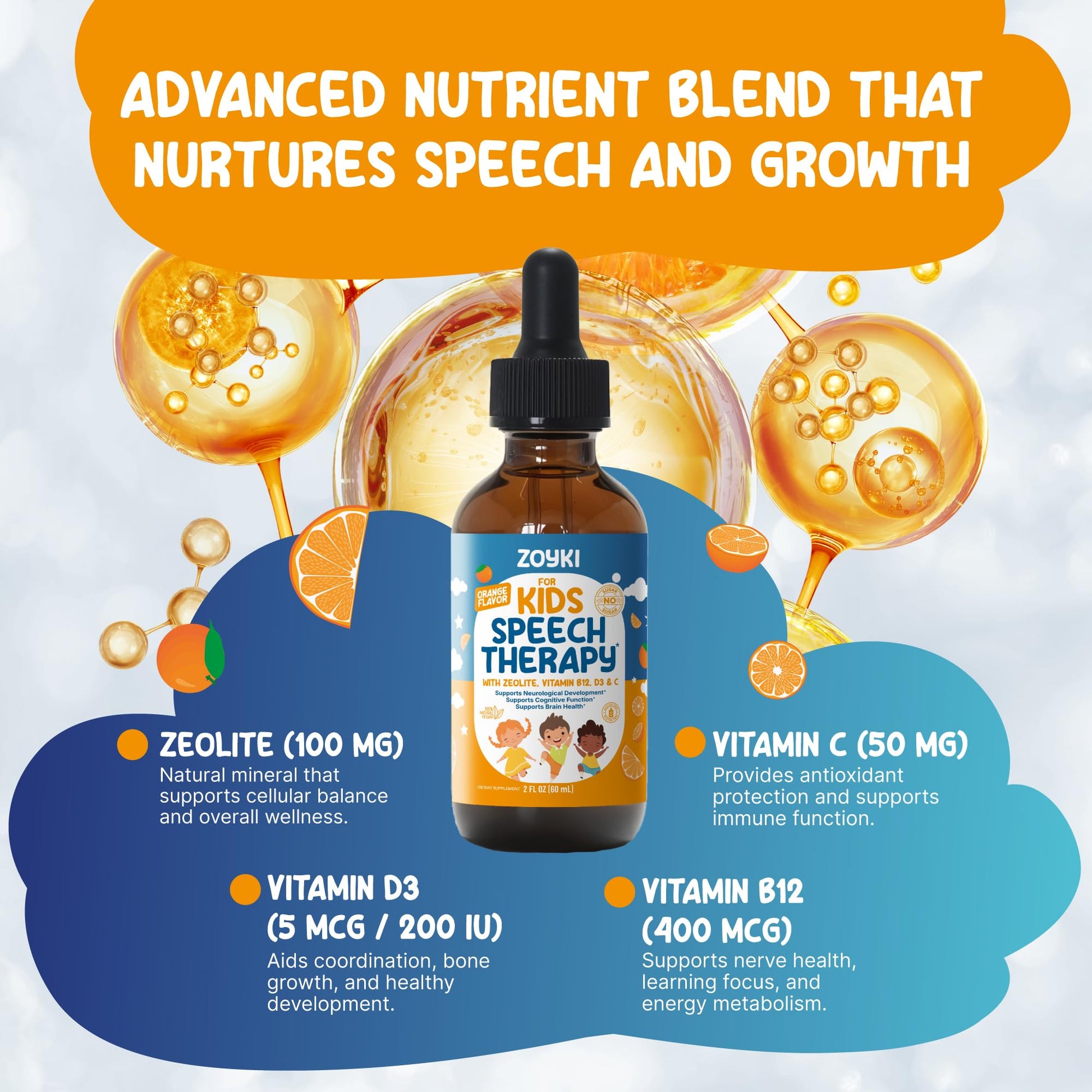 Zoyki Speech Therapy Drops for Kids - Speech Support Supplement for Communication Delay Cognitive Function Language & Brain Development with Zeolite Vitamins B12 D3 C - Sugar Free Gluten-Free Vegan Zoyki uk supplements