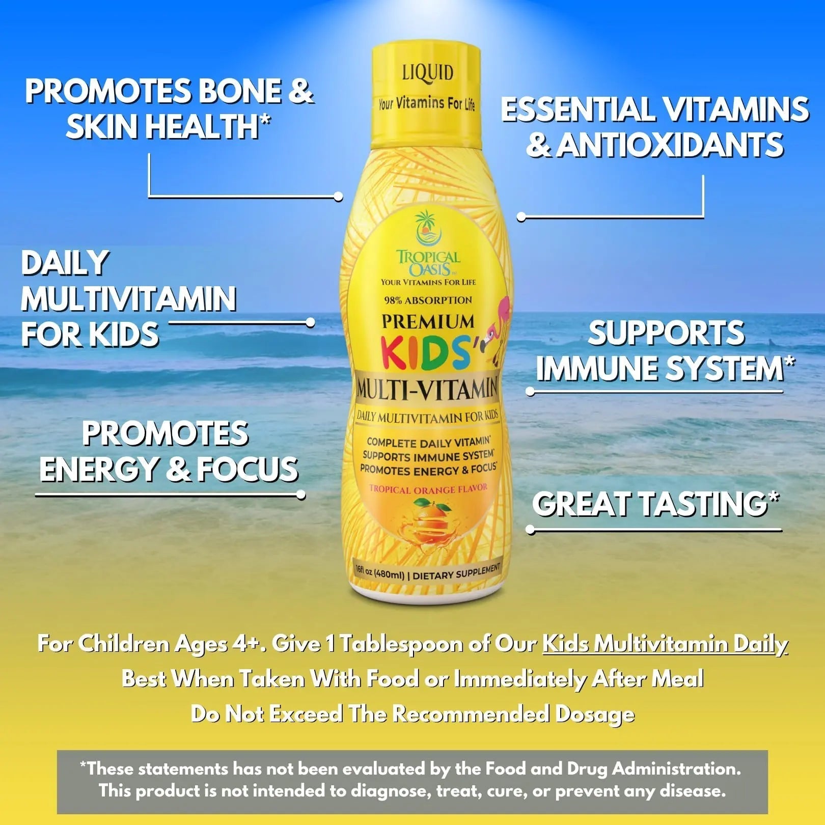 Premium Liquid Multivitamin For Kids | Sugar Free Kids Vitamins | 100% DV of 14 Vitamins for Kids | Multivitamin for Children Ages 4+ | Tropical Oasis uk supplements