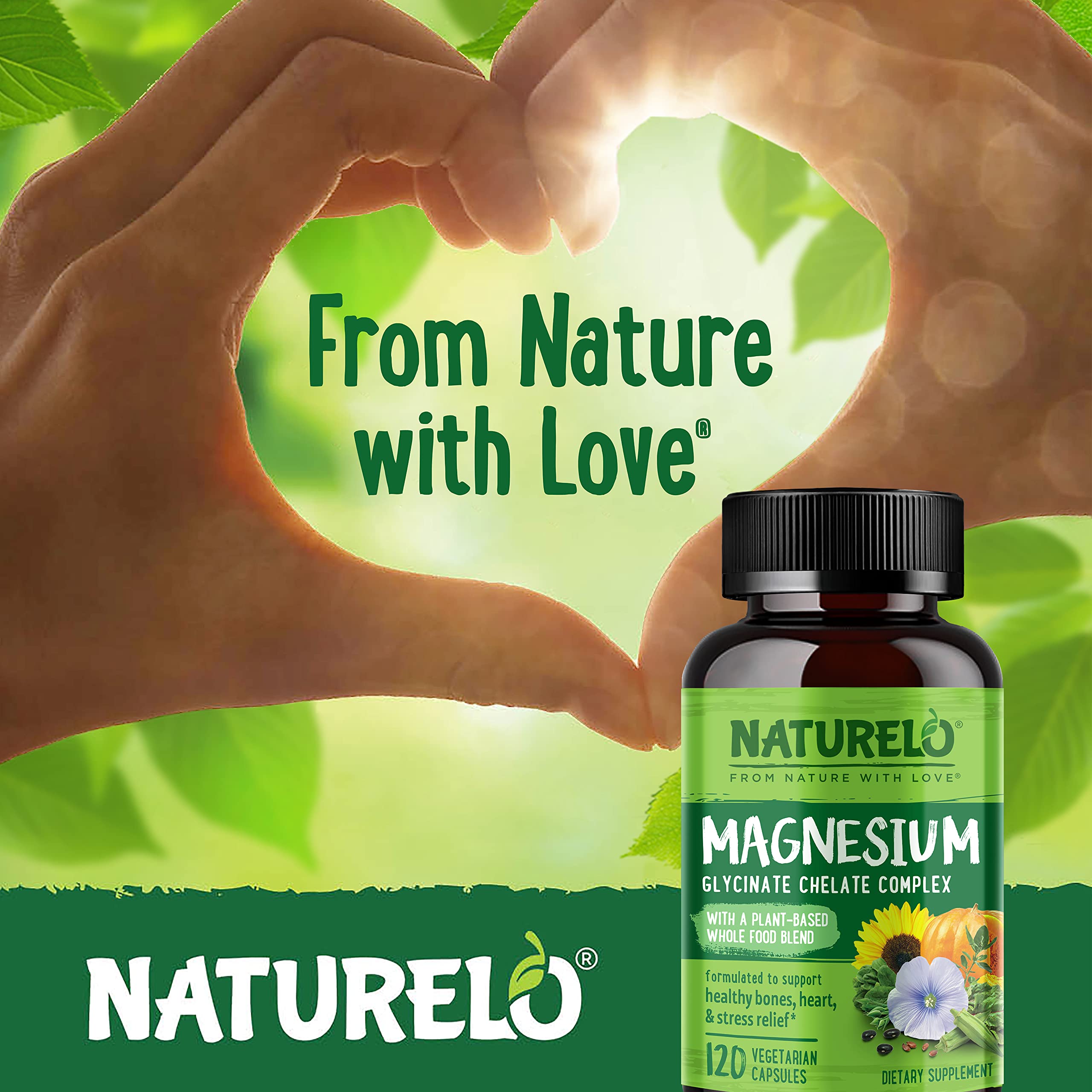 NATURELO Magnesium Glycinate Chelate Complex - 200 mg Magnesium with Organic Vegetables to Support Sleep, Calm, Muscle Cramp & Stress Relief - Gluten Free, Non GMO - 120 Capsules NATURELO uk supplements