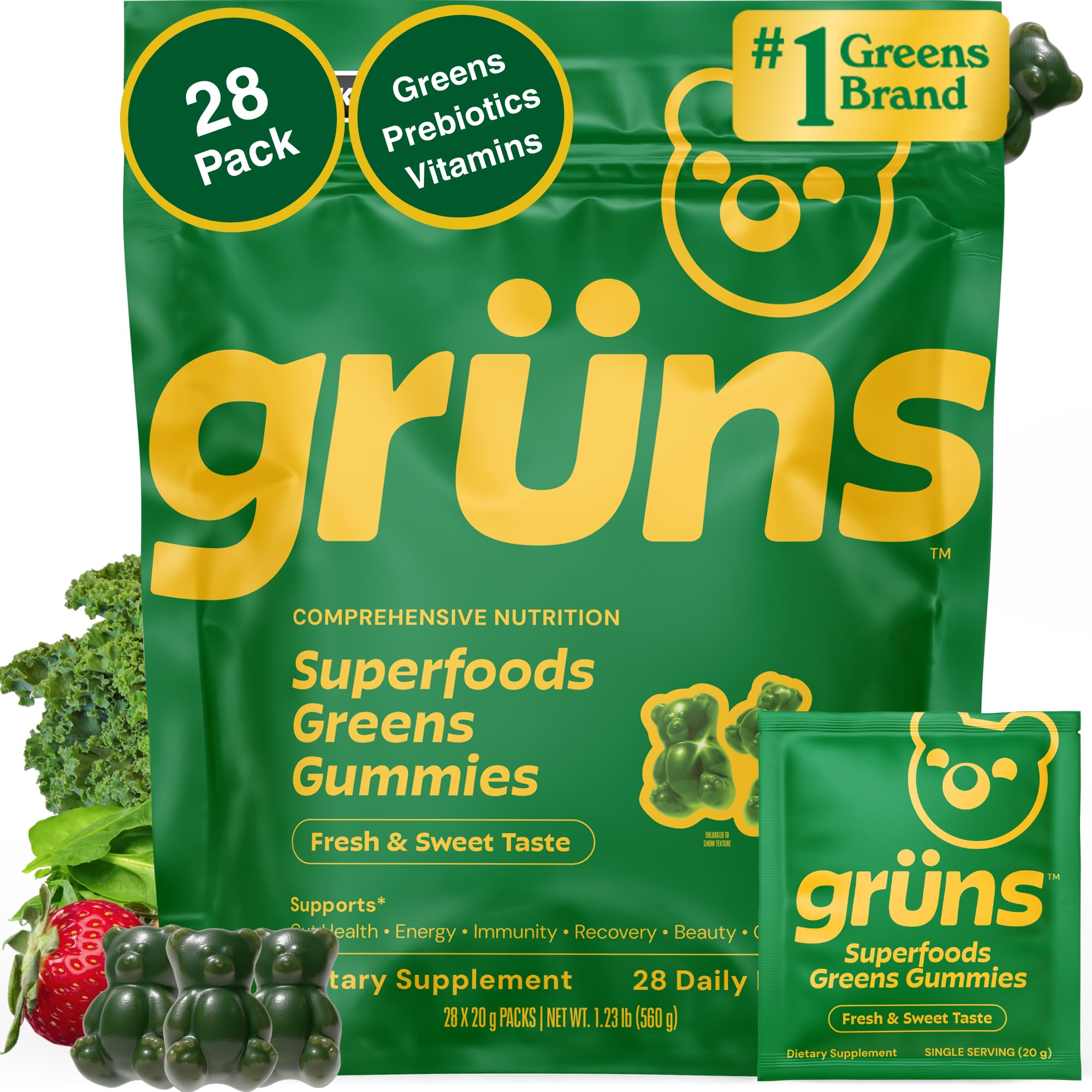 Gruns Adult Super Greens Multivitamin Gummies, Superfood Gummy Vitamins for Women and Men with Spirulina, Chlorella, Adaptogens & Prebiotic Fiber for Digestive Health (28 Count) Grüns uk supplements