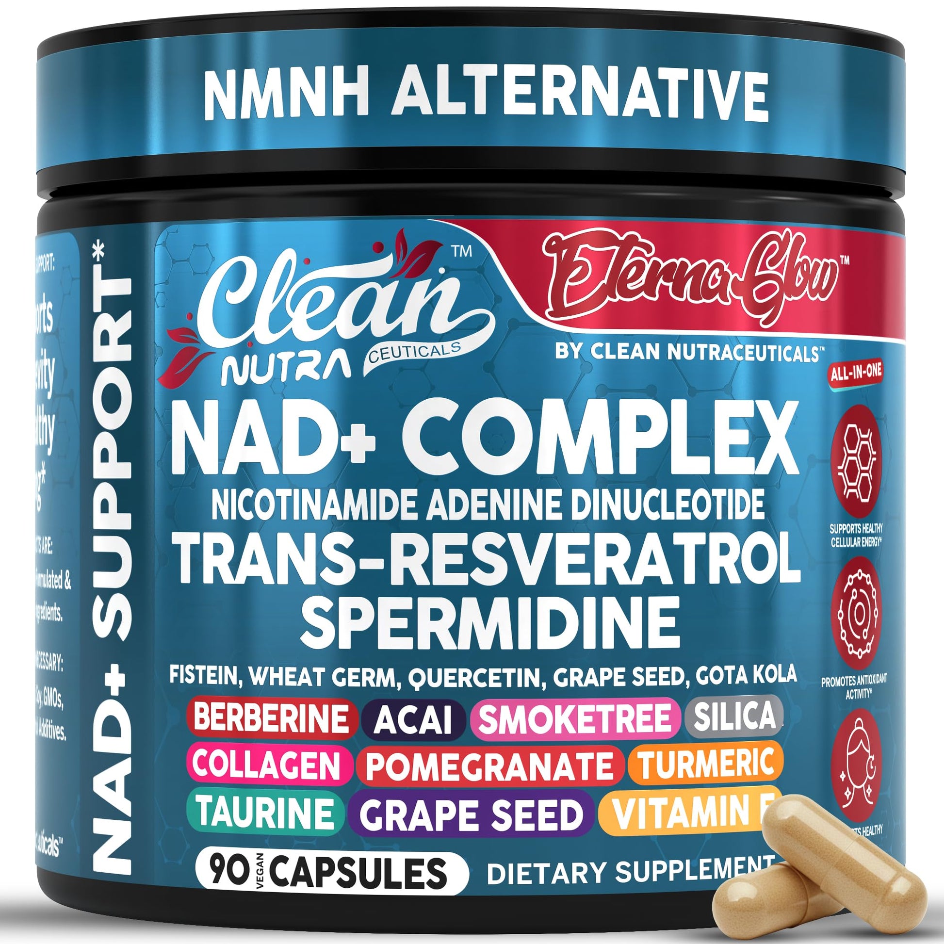 Clean NAD Supplement Resveratrol Liposomal NAD+ Spermidine Fisetin Wheat Germ Quercetin Grape Seed Extract Gotu Kola Berberine Astaxanthin Peptides for Women Energy 90 Capsules Clean Nutraceuticals uk supplements
