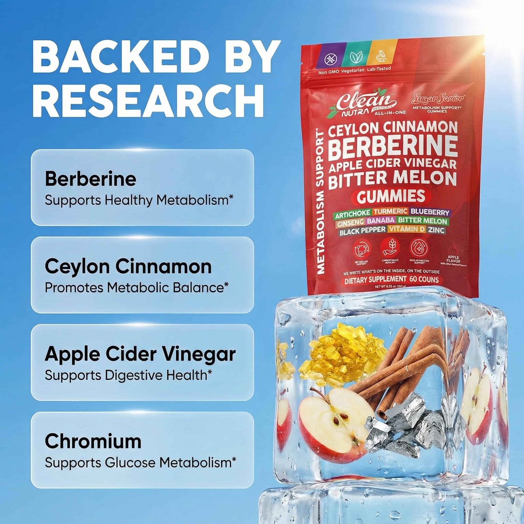 Sugar Savior Ceylon Cinnamon Berberine Gummies Apple Cider Vinegar Artichoke Turmeric Blueberry Ginseng Banaba Bitter Melon Black Pepper Vitamin D Zinc GLP1 Gummies 60 Count by Clean Nutra Clean Nutraceuticals uk supplements