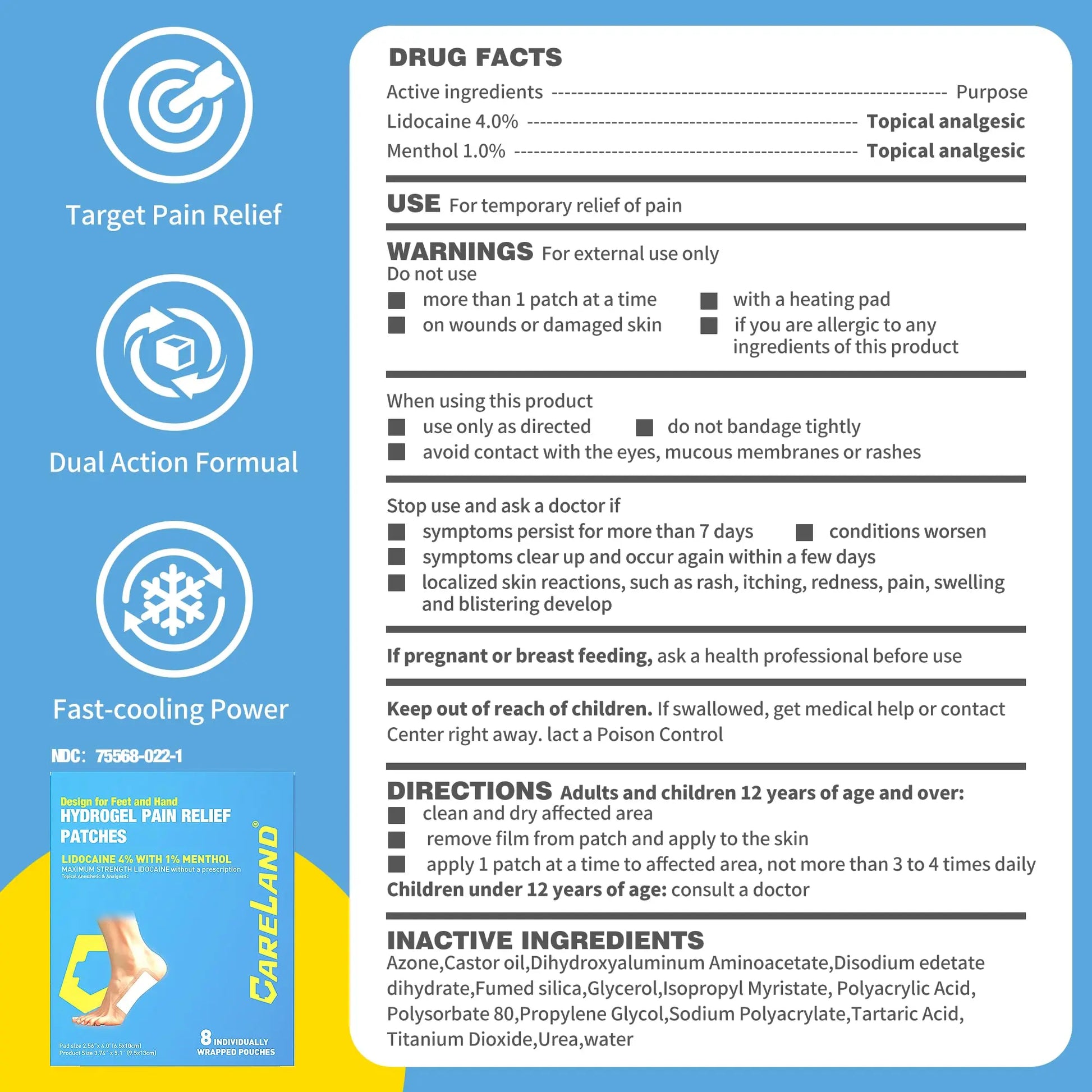 CARELAND Plantar Fasciitis Lidocaine Pain Patches with Hydrogel Technology- Waterproof with Sticky Border, 12 Hour Pain Relief - Contours to Your Foot - 16 Ct CARELAND uk supplements