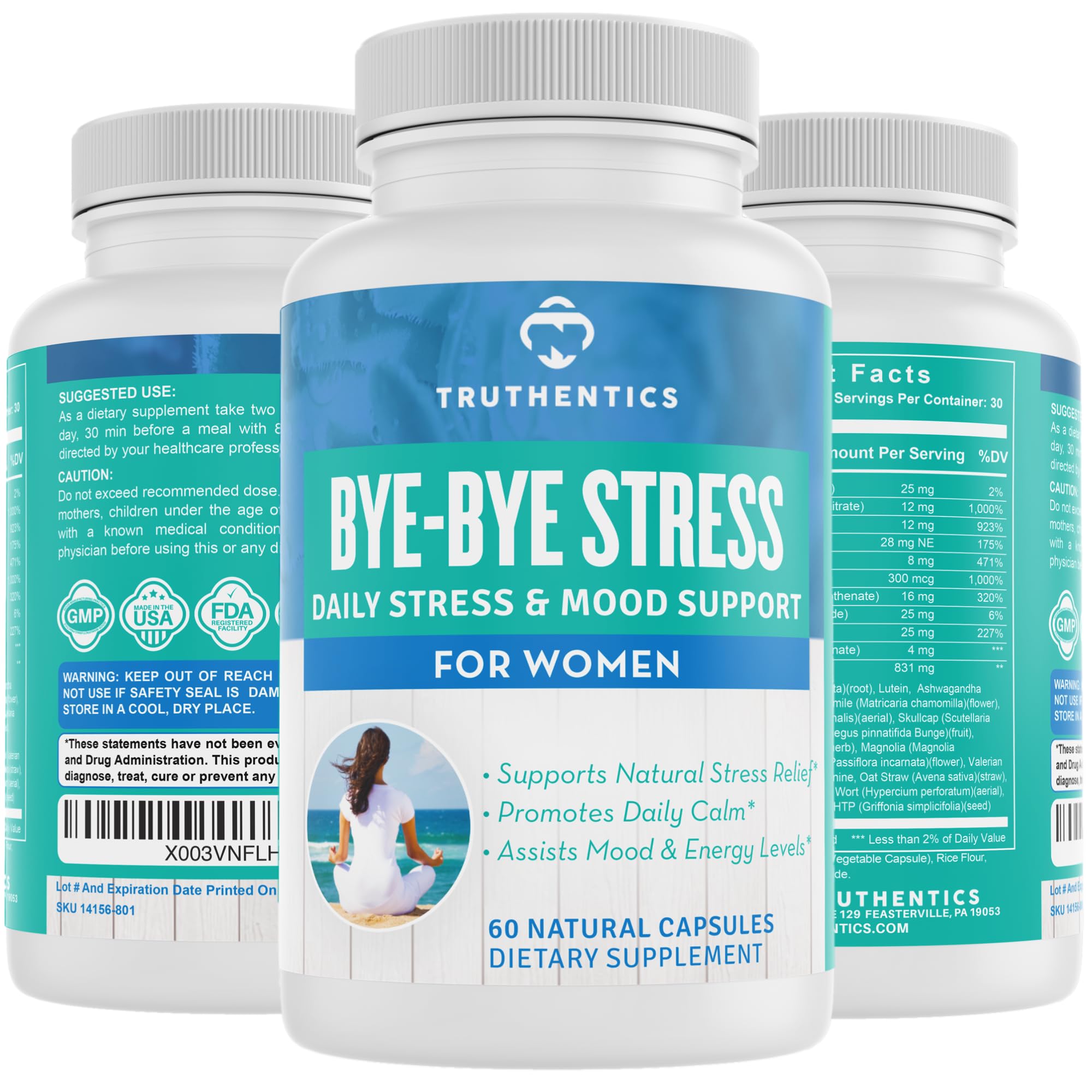 TRUTHENTICS Bye-Bye Stress - Stress & Mood Support Supplement for Women with Ashwagandha, GABA, Lemon Balm, L-Theanin & Vitamin B Complex - Vegan - 60 Capsules TRUTHENTICS uk supplements